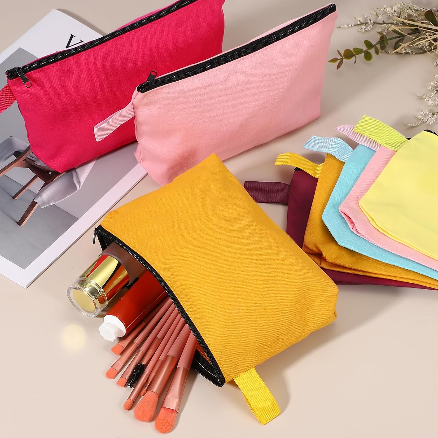 8 Pcs Cotton Canvas Makeup Bag, 7.5x5.1 Makeup Pouch with Zipper and Strap, Multipurpose Plain Toiletry Zipper Pouches Blank DIY Craft Pencil Bag for Women Teens, Light Blue - Image 3