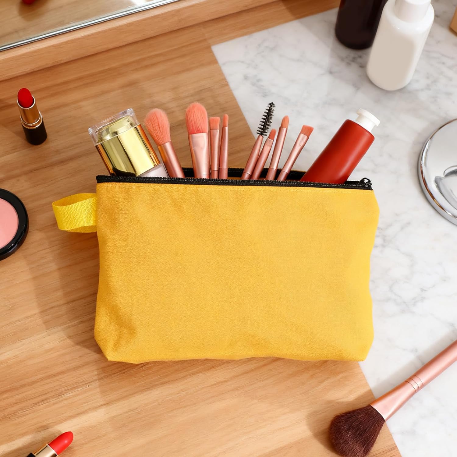 8 Pcs Cotton Canvas Makeup Bag, 7.5x5.1 Makeup Pouch with Zipper and Strap, Multipurpose Plain Toiletry Zipper Pouches Blank DIY Craft Pencil Bag for Women Teens, Light Blue - Image 4