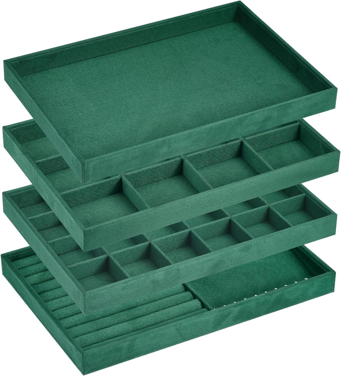 Jewelry Tray, 4 Set of Stackable Jewelry Display Tray, Velvet Jewelry Organizer, Storage Box for Ring Earring Necklace Bracelet (Dark Green) - Image 1