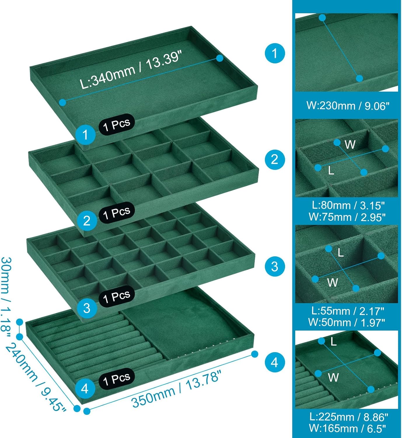 Jewelry Tray, 4 Set of Stackable Jewelry Display Tray, Velvet Jewelry Organizer, Storage Box for Ring Earring Necklace Bracelet (Dark Green) - Image 2