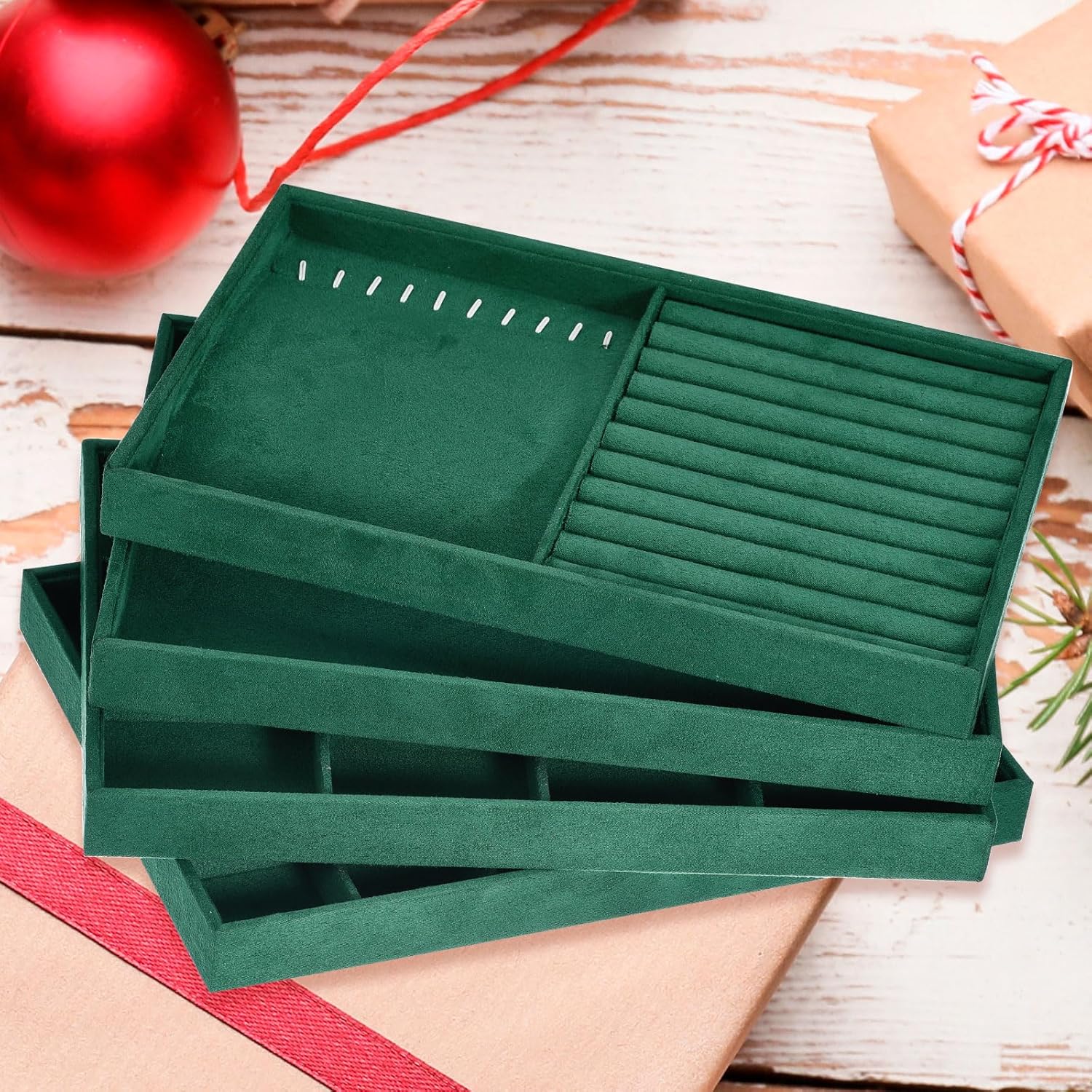 Jewelry Tray, 4 Set of Stackable Jewelry Display Tray, Velvet Jewelry Organizer, Storage Box for Ring Earring Necklace Bracelet (Dark Green) - Image 3