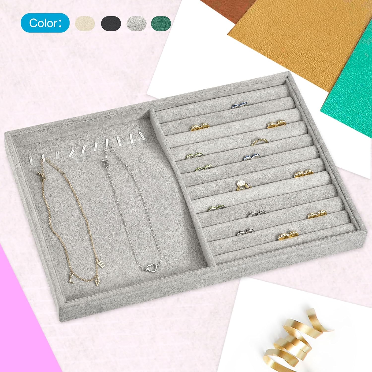 Jewelry Tray, 4 Set of Stackable Jewelry Display Tray, Velvet Jewelry Organizer, Storage Box for Ring Earring Necklace Bracelet (Dark Green) - Image 5