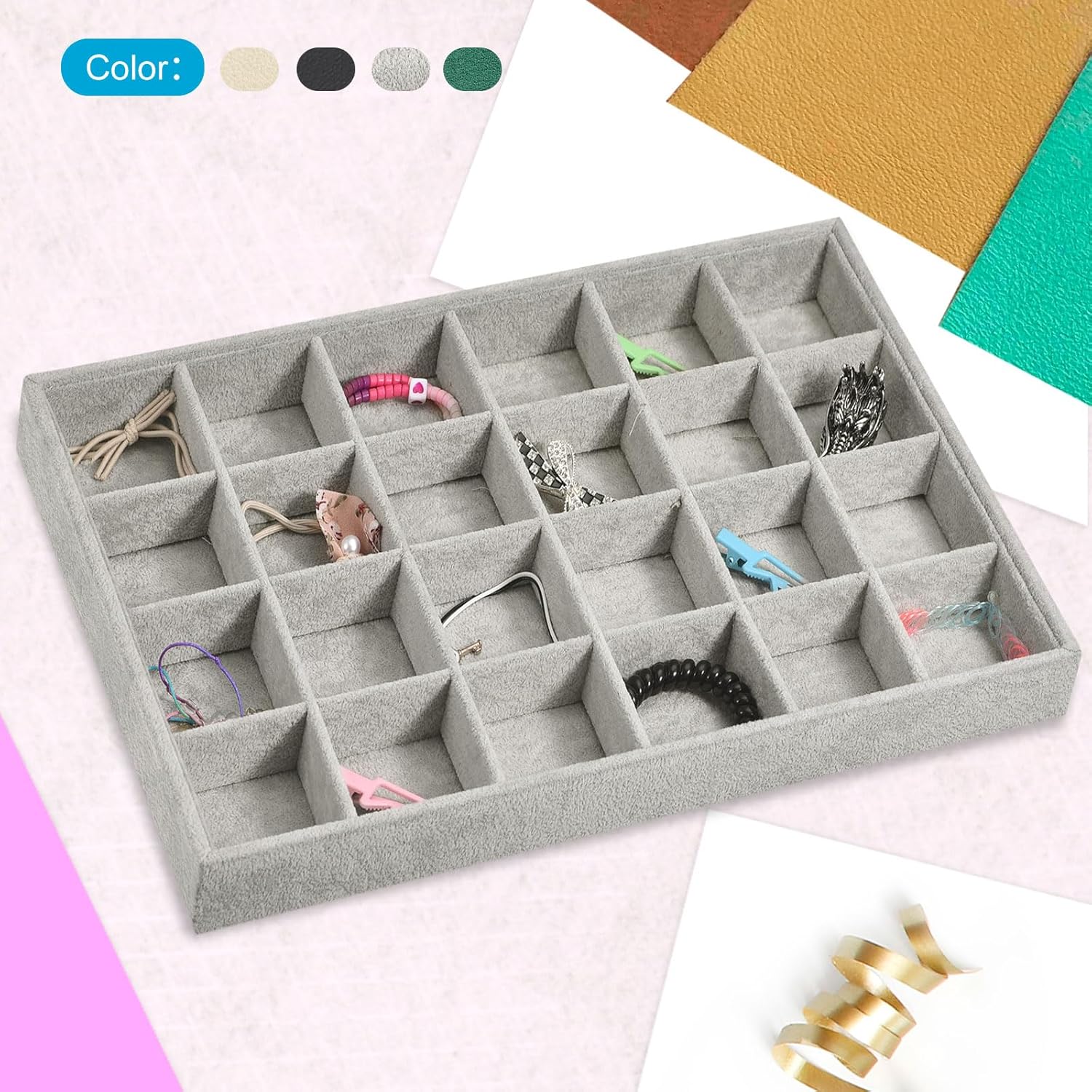 Jewelry Tray, 4 Set of Stackable Jewelry Display Tray, Velvet Jewelry Organizer, Storage Box for Ring Earring Necklace Bracelet (Dark Green) - Image 7