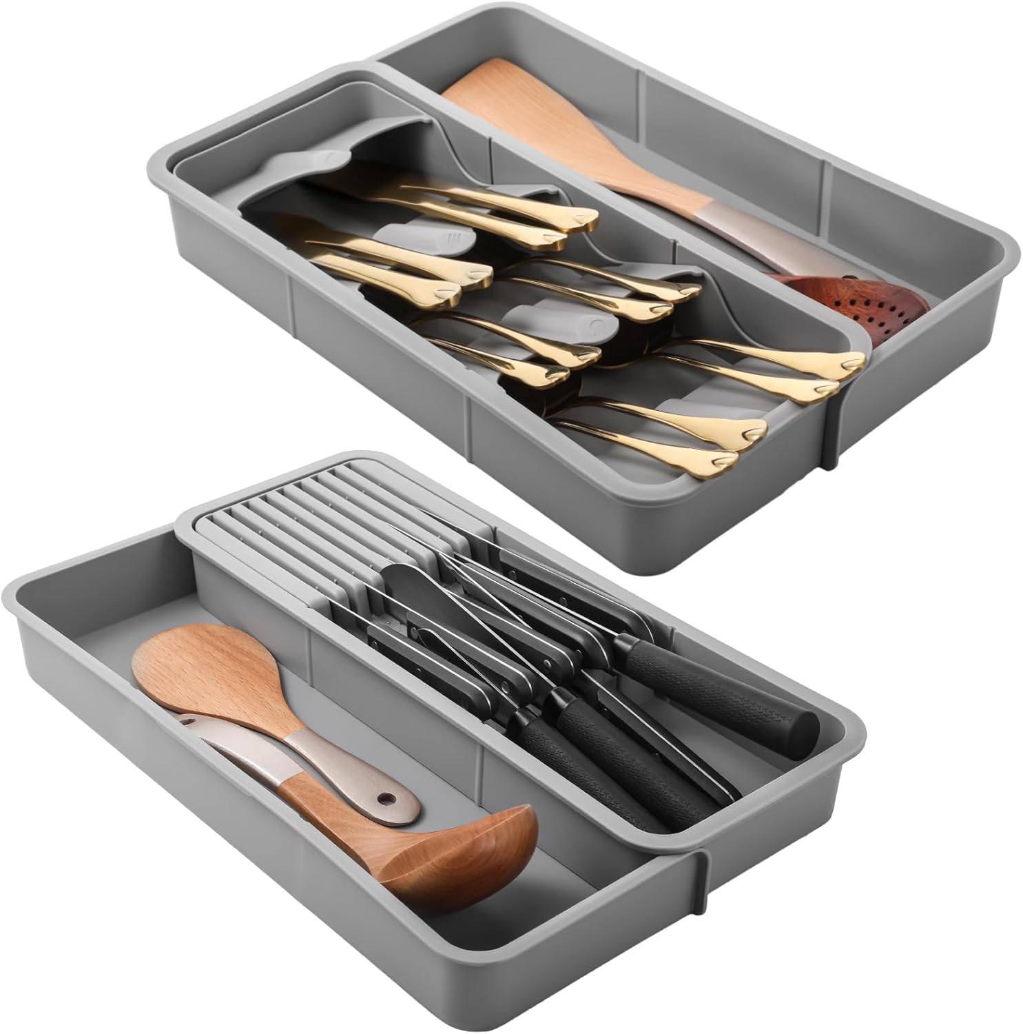 2 Pcs Knife & Silverware Drawer Organizer Holds 9 Knives with Flatware Tray Drawer Store Compact Utensil Organizer For Kitchen Silverware - Image 1