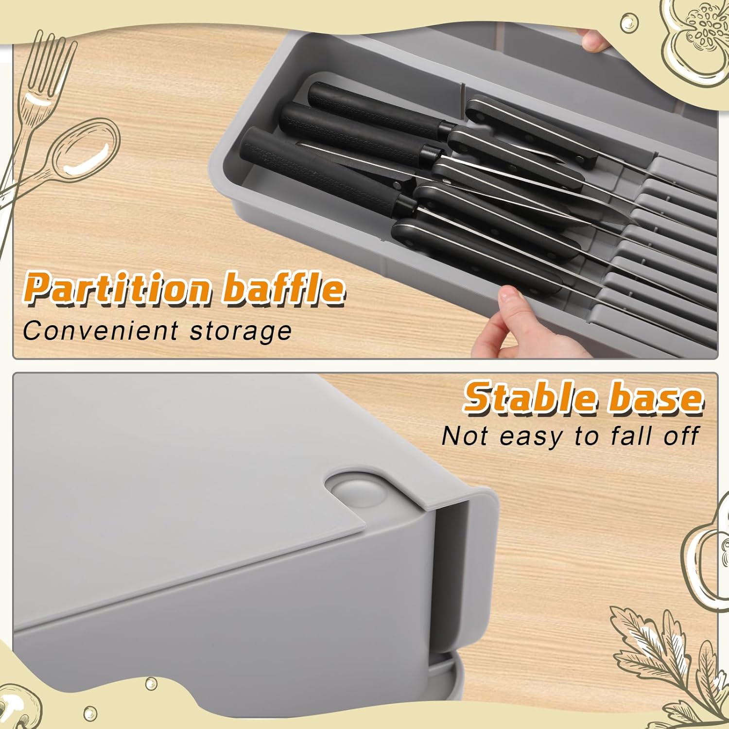 2 Pcs Knife & Silverware Drawer Organizer Holds 9 Knives with Flatware Tray Drawer Store Compact Utensil Organizer For Kitchen Silverware - Image 3