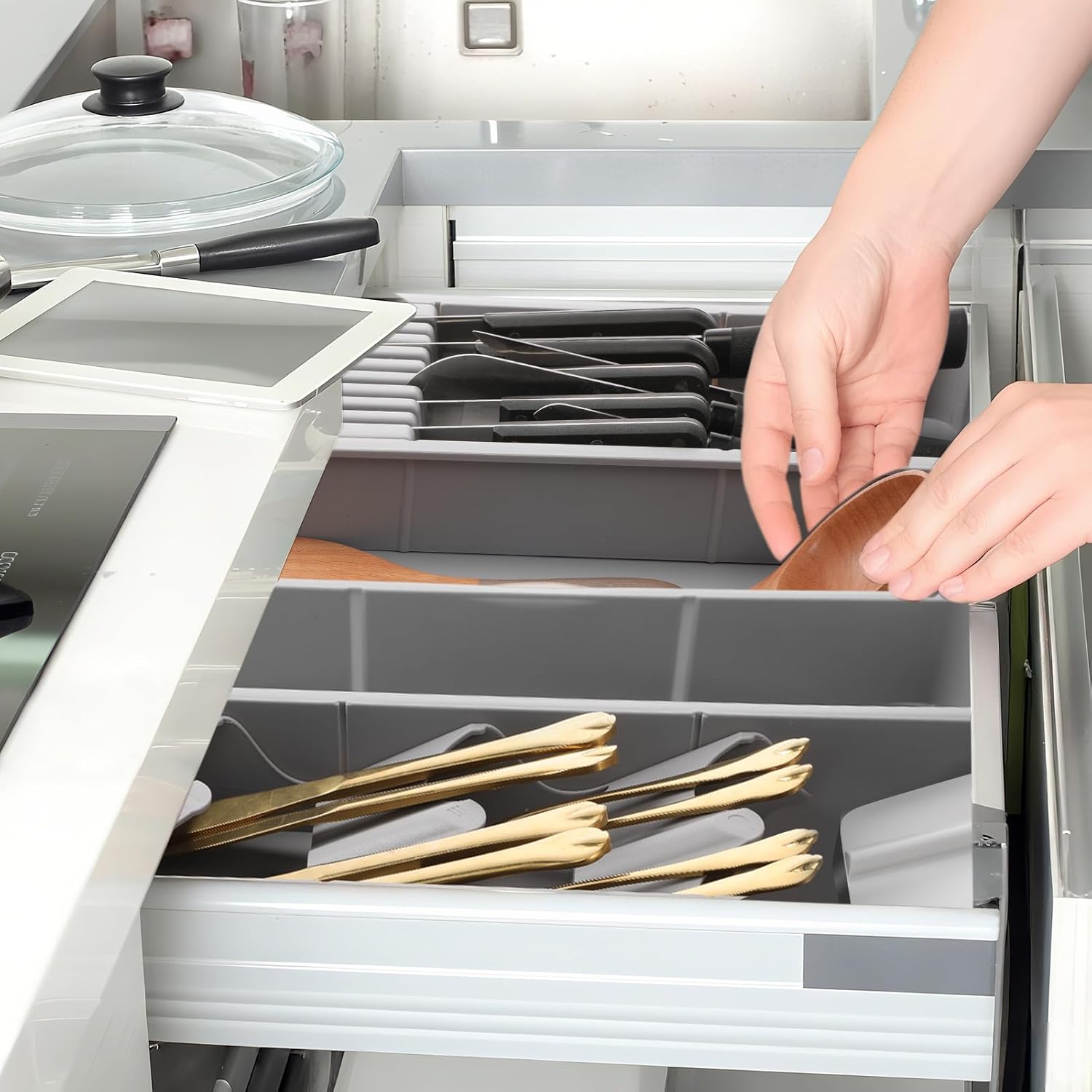 2 Pcs Knife & Silverware Drawer Organizer Holds 9 Knives with Flatware Tray Drawer Store Compact Utensil Organizer For Kitchen Silverware - Image 4