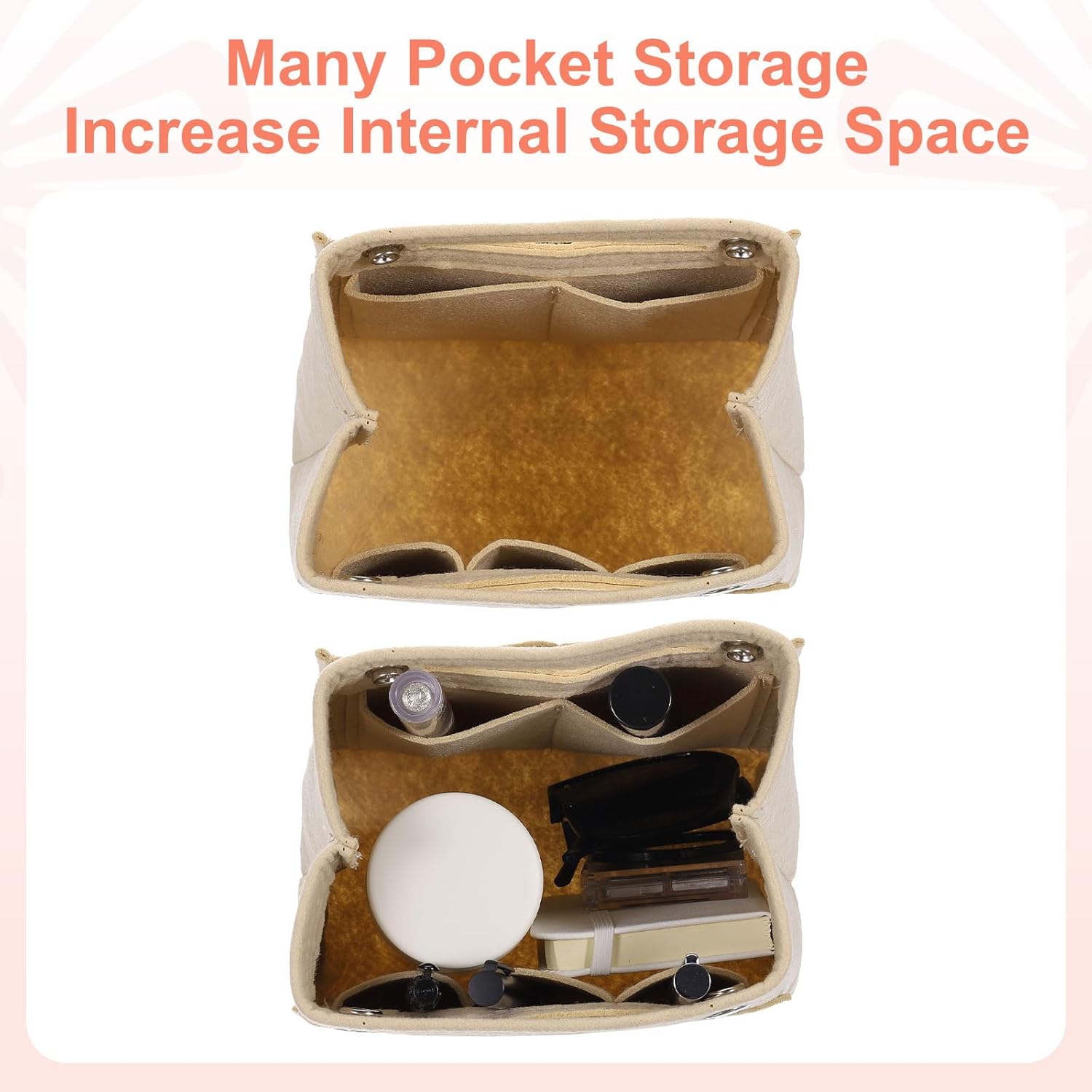 Purse Organizer Insert, Portable Felt Organizer Bags with Snap Multiple Compartments Purse Liner for Domed Satchel, Tote Bag, Handbag Shaper (7