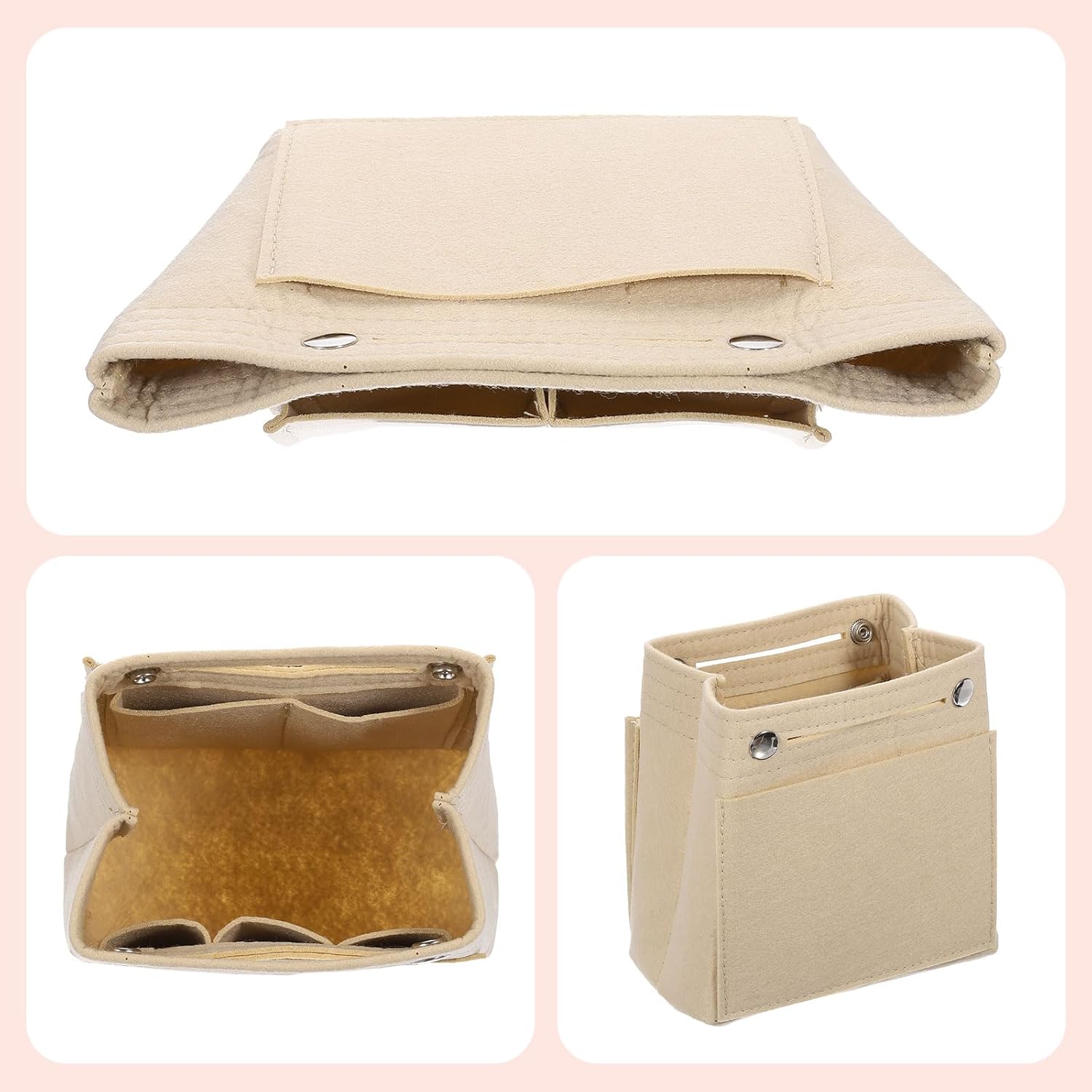 Purse Organizer Insert, Portable Felt Organizer Bags with Snap Multiple Compartments Purse Liner for Domed Satchel, Tote Bag, Handbag Shaper (7