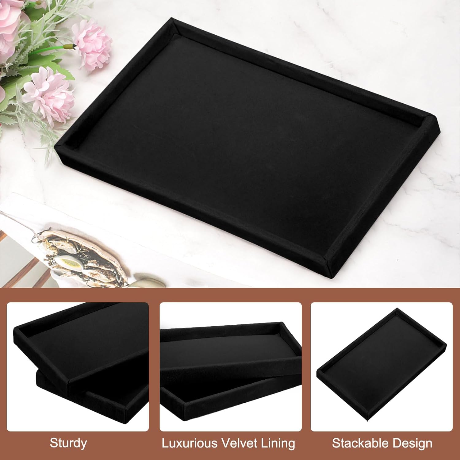 16PCS Jewelry Organizer Tray Stackable, Wooden Jewelry Containers Velvet Drawer Organizer Inserts Holder for Earrings Necklaces Rings Bracelet (8.5
