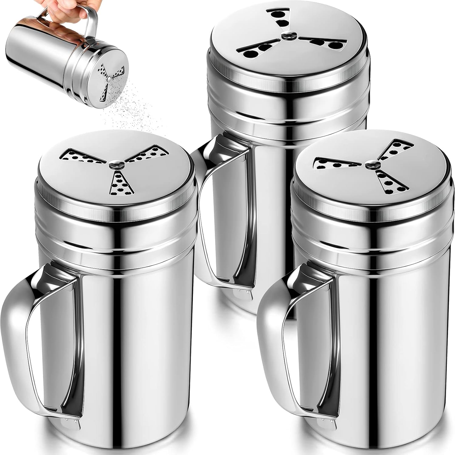 3 Pieces Seasoning Bottle with Handle Stainless Steel Spice Shaker Metal Versatile Dredge Shaker with Rotating Cover for Cooking Kitchen Gadget (Fan Style Lid,Large) - Image 1