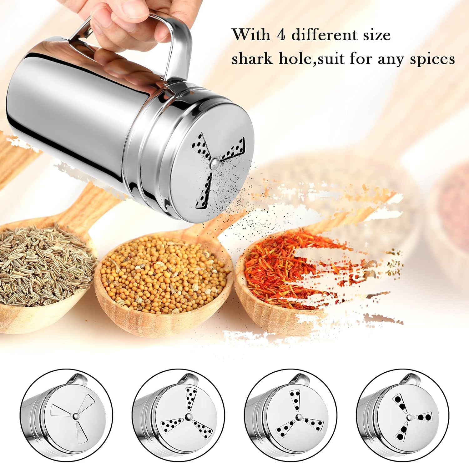 3 Pieces Seasoning Bottle with Handle Stainless Steel Spice Shaker Metal Versatile Dredge Shaker with Rotating Cover for Cooking Kitchen Gadget (Fan Style Lid,Large) - Image 3