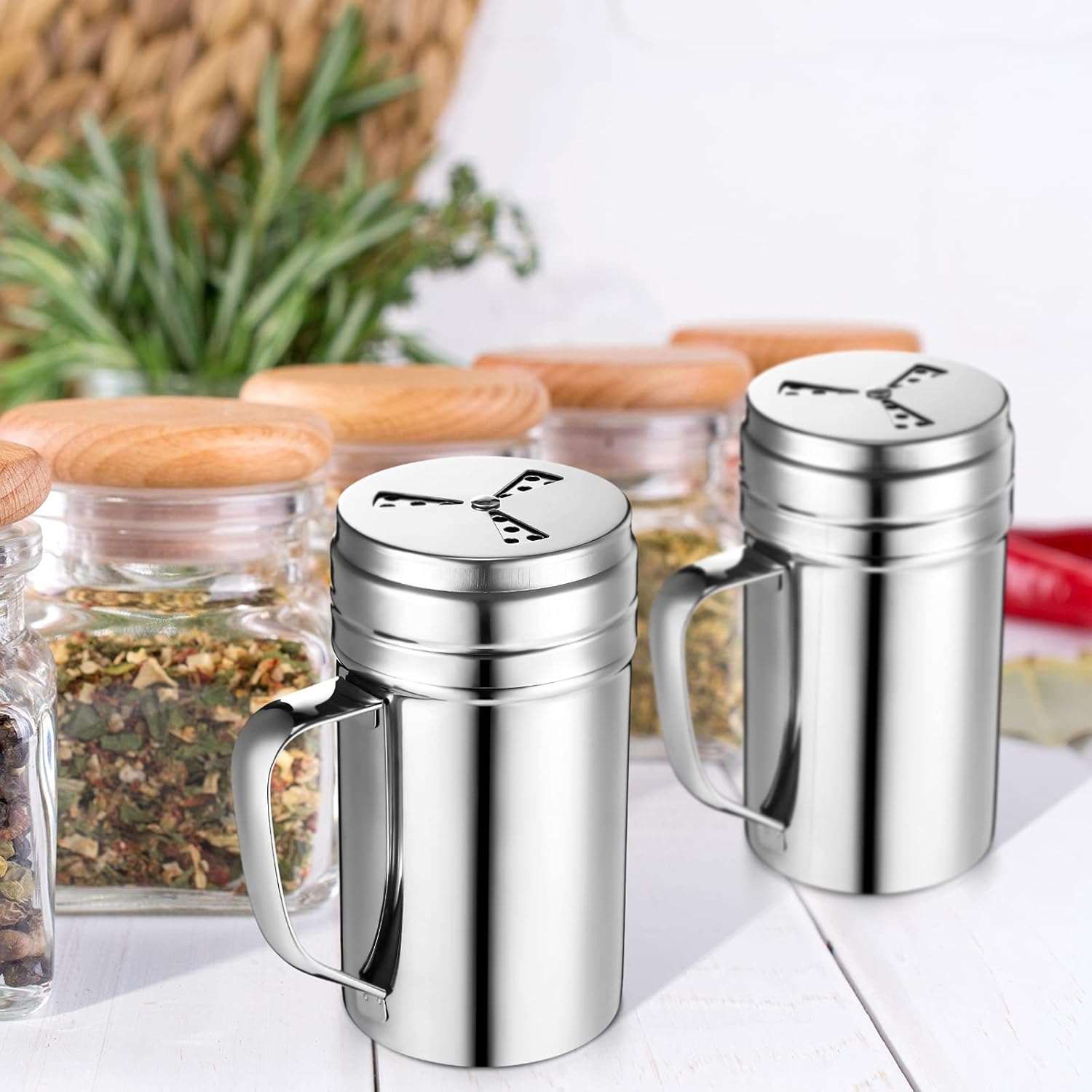 3 Pieces Seasoning Bottle with Handle Stainless Steel Spice Shaker Metal Versatile Dredge Shaker with Rotating Cover for Cooking Kitchen Gadget (Fan Style Lid,Large) - Image 4