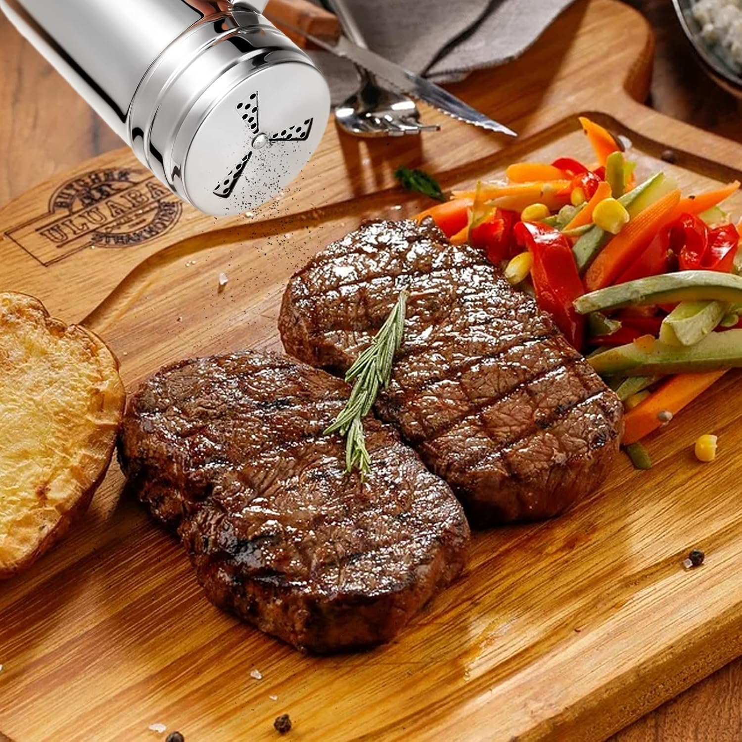 3 Pieces Seasoning Bottle with Handle Stainless Steel Spice Shaker Metal Versatile Dredge Shaker with Rotating Cover for Cooking Kitchen Gadget (Fan Style Lid,Large) - Image 5