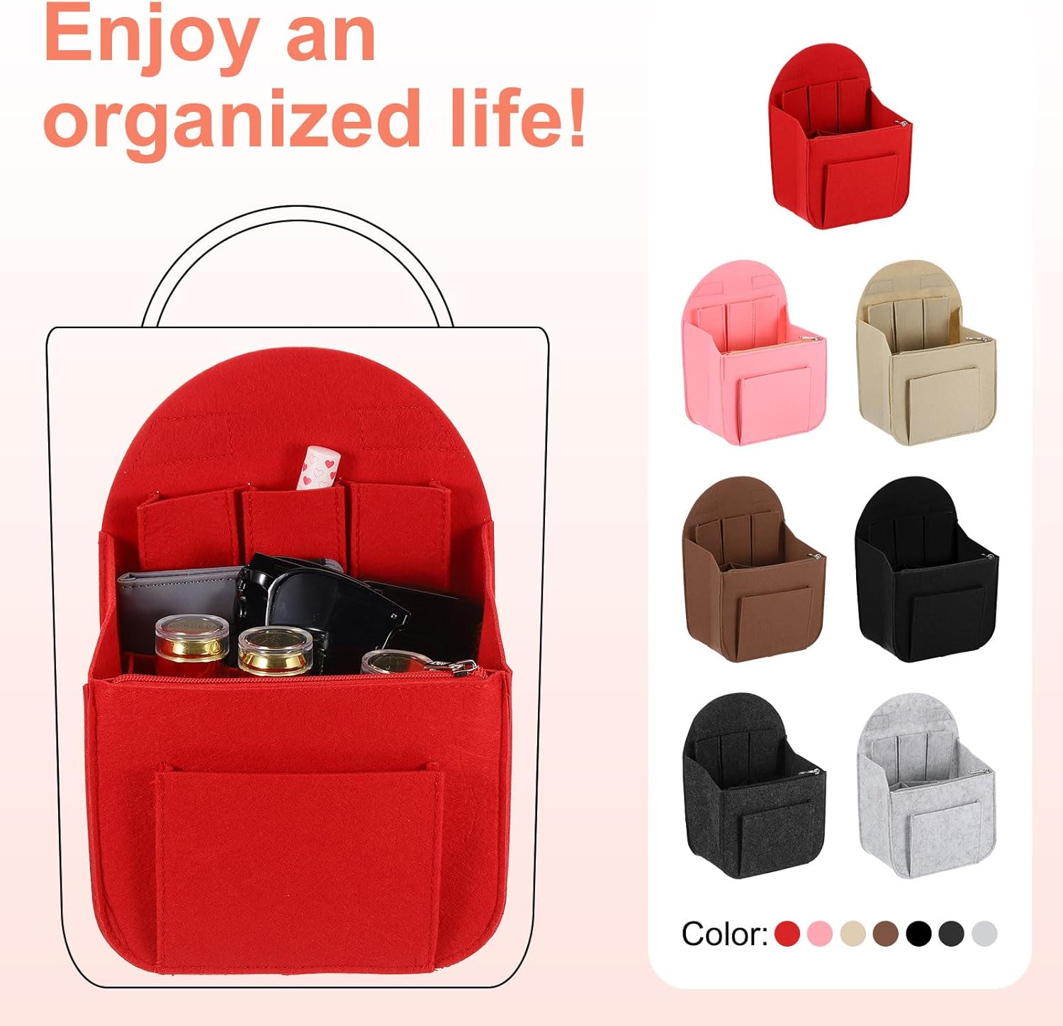 Purse Organizer Insert, Portable Felt Organizer Bags with Metal Zipper Multiple Compartments Purse Liner for Backpack Rucksack Handbag Shoulder Bag (7.7