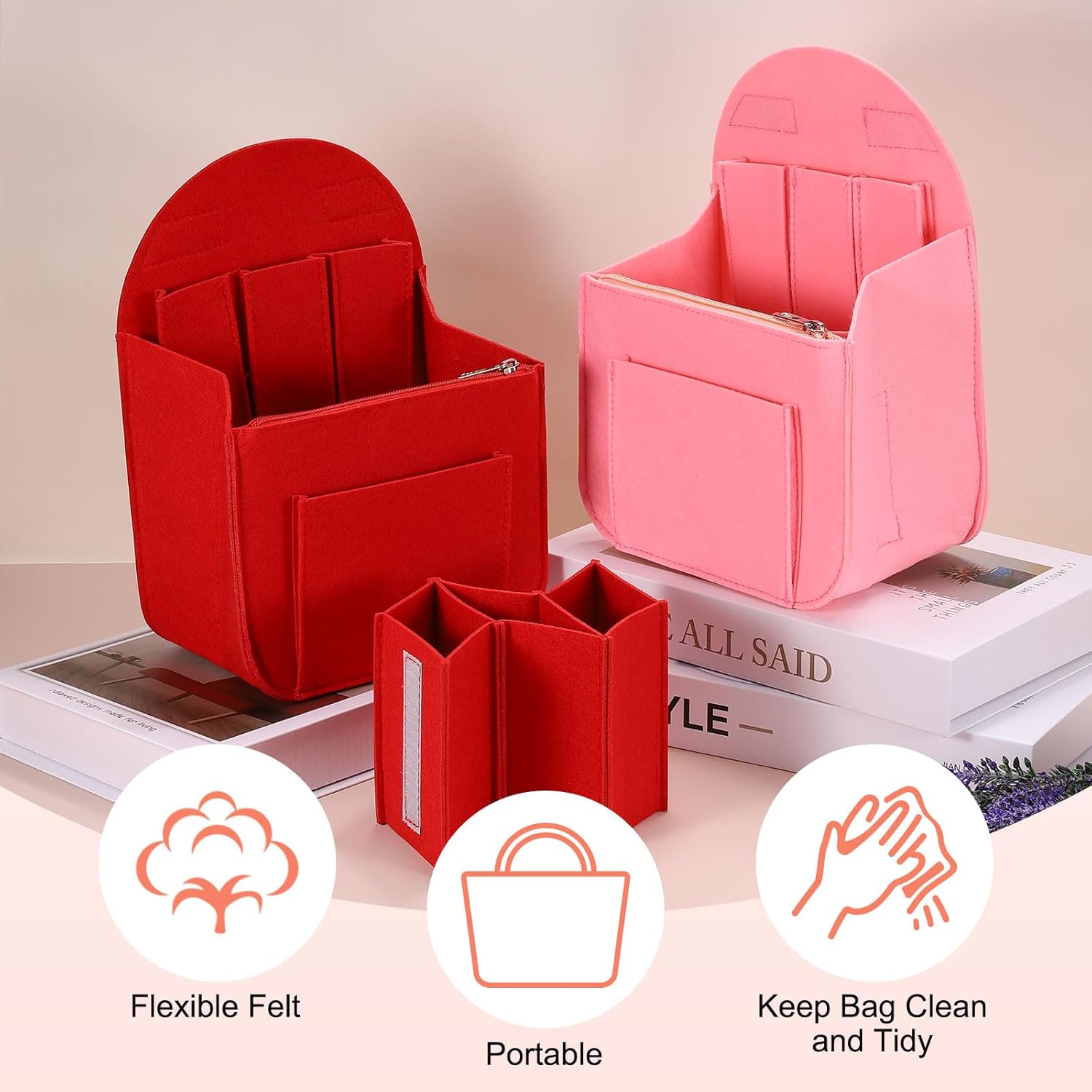 Purse Organizer Insert, Portable Felt Organizer Bags with Metal Zipper Multiple Compartments Purse Liner for Backpack Rucksack Handbag Shoulder Bag (7.7