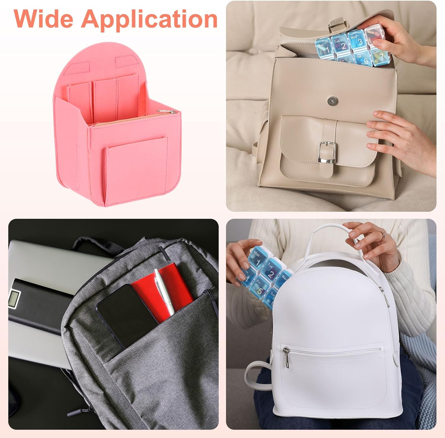 Purse Organizer Insert, Portable Felt Organizer Bags with Metal Zipper Multiple Compartments Purse Liner for Backpack Rucksack Handbag Shoulder Bag (7.7