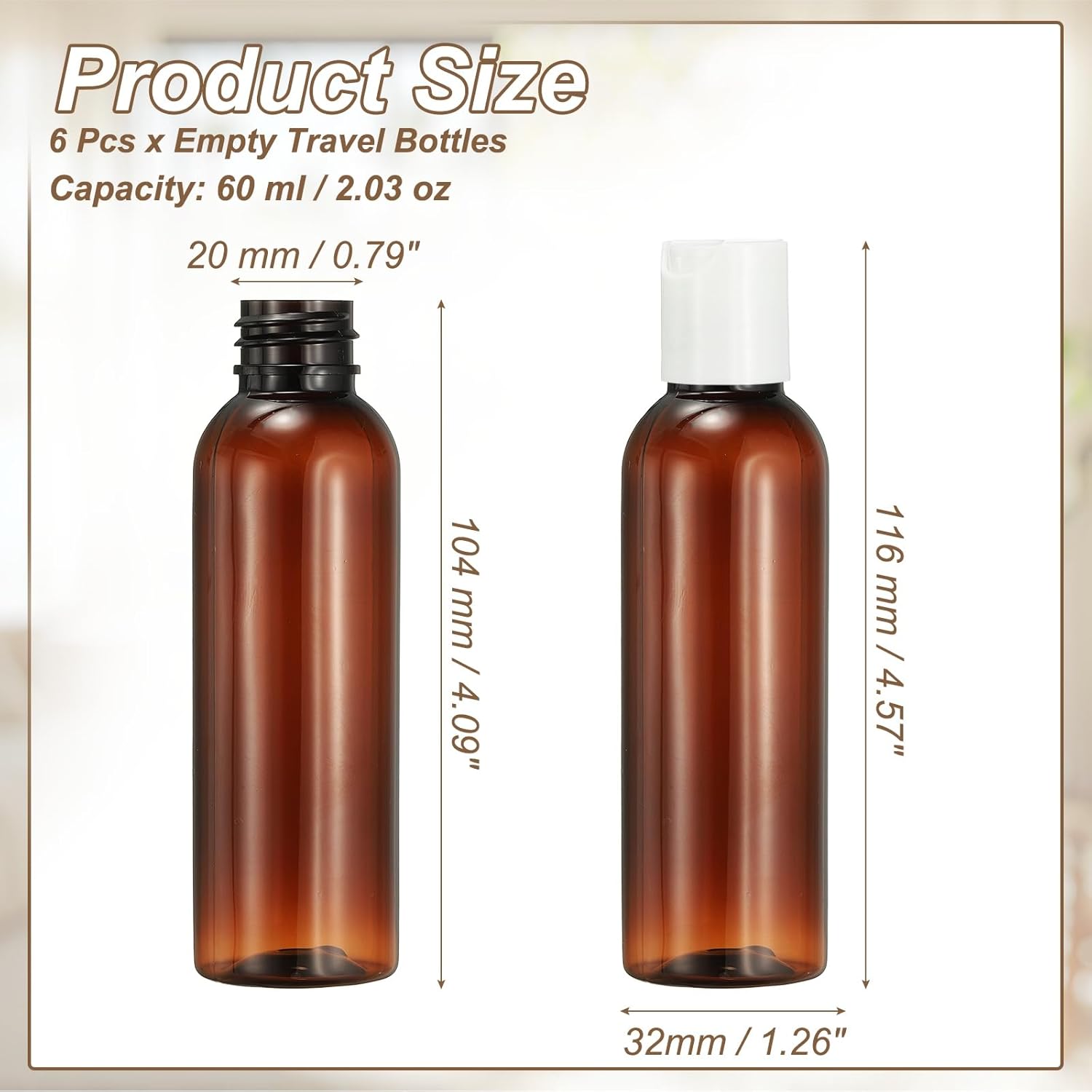 6 Pcs Plastic Travel Bottles, 2 oz Empty Shampoo Bottles with White Disc Top Caps Clear Refillable Travel Squeeze Containers for Lotions Cosmetics Body Soap, Brown - Image 2