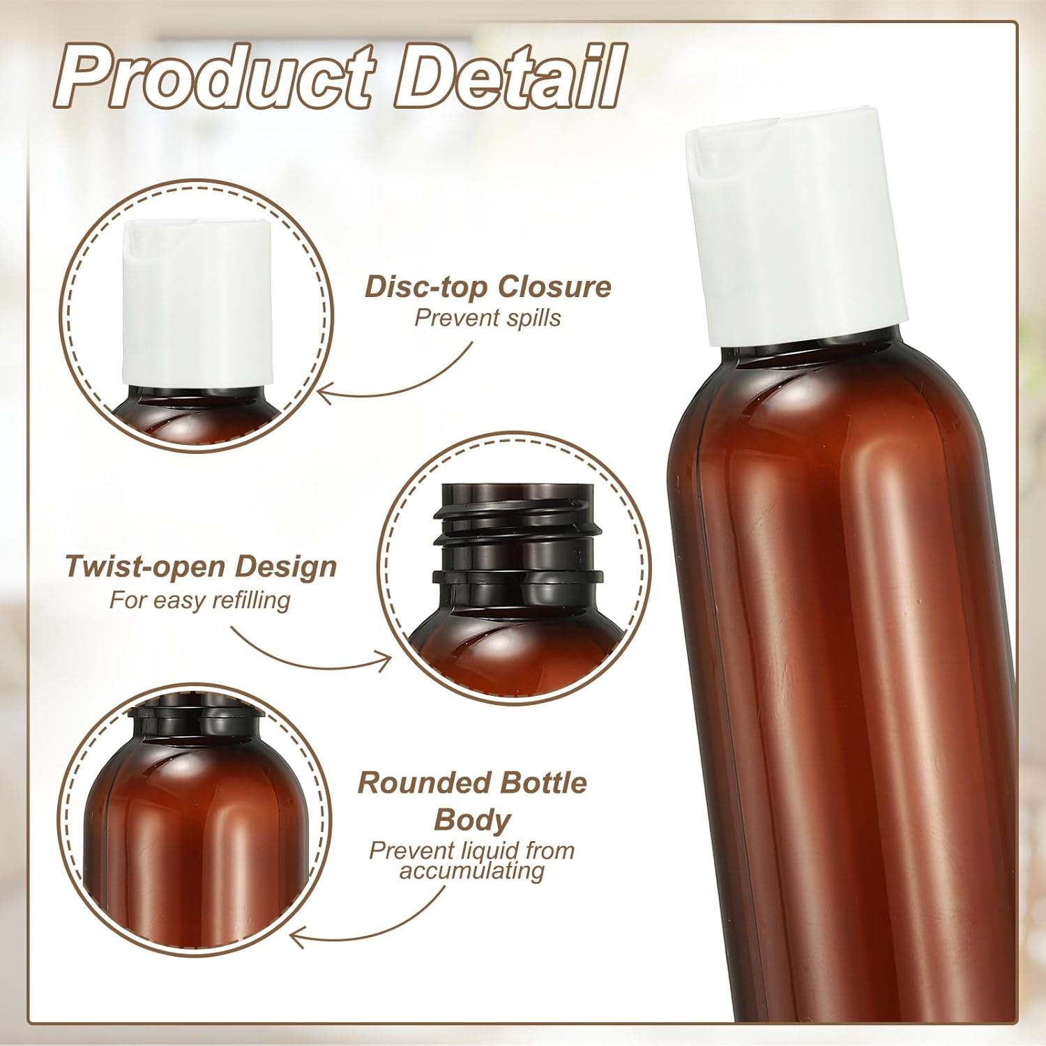 6 Pcs Plastic Travel Bottles, 2 oz Empty Shampoo Bottles with White Disc Top Caps Clear Refillable Travel Squeeze Containers for Lotions Cosmetics Body Soap, Brown - Image 3