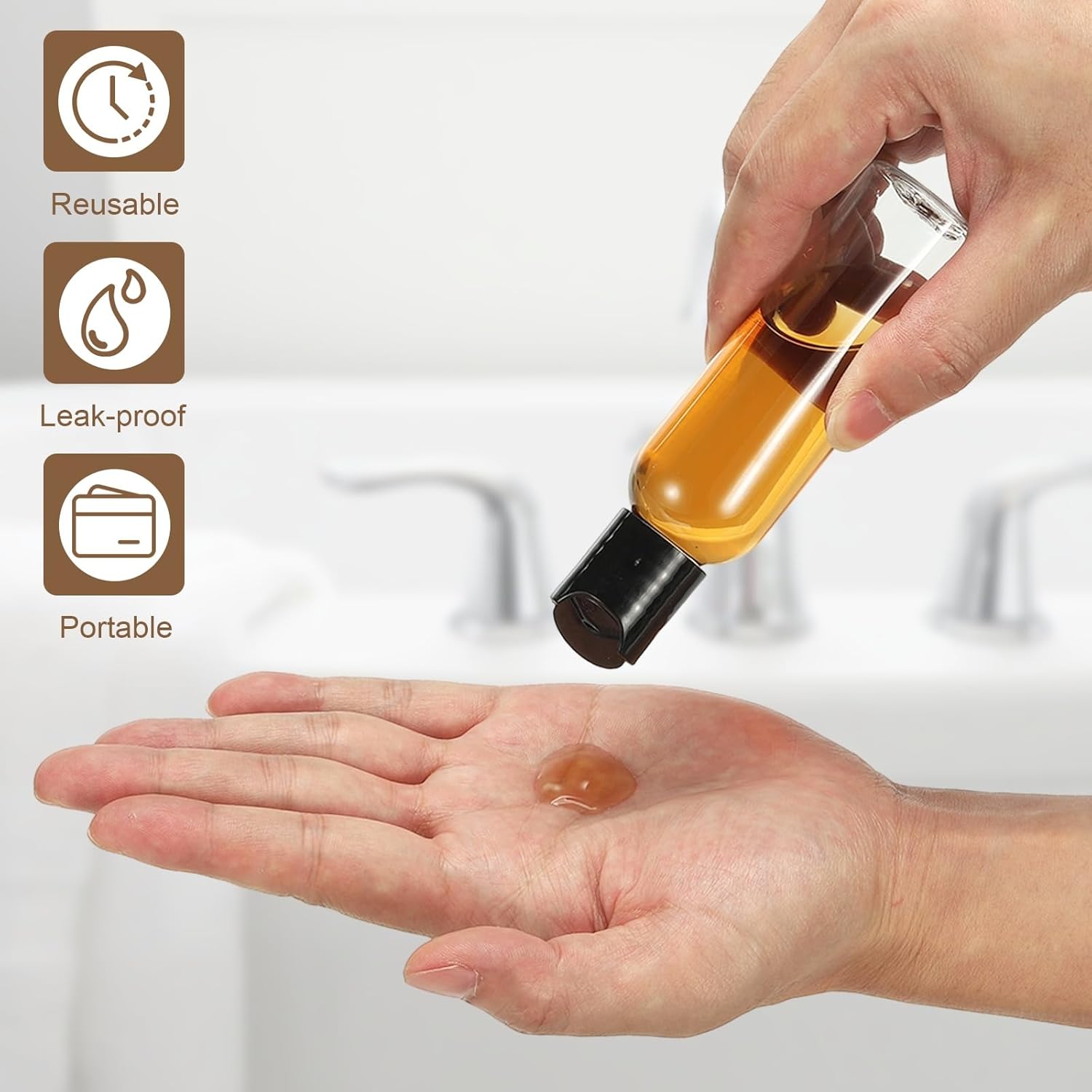 6 Pcs Plastic Travel Bottles, 2 oz Empty Shampoo Bottles with White Disc Top Caps Clear Refillable Travel Squeeze Containers for Lotions Cosmetics Body Soap, Brown - Image 4
