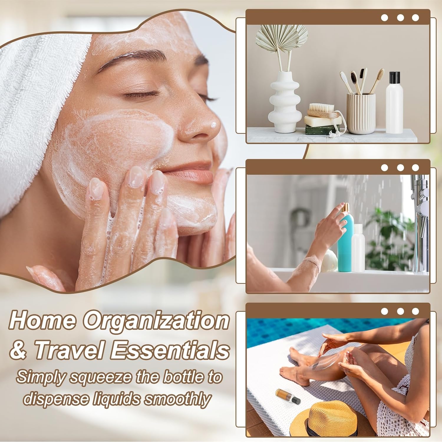 6 Pcs Plastic Travel Bottles, 2 oz Empty Shampoo Bottles with White Disc Top Caps Clear Refillable Travel Squeeze Containers for Lotions Cosmetics Body Soap, Brown - Image 7