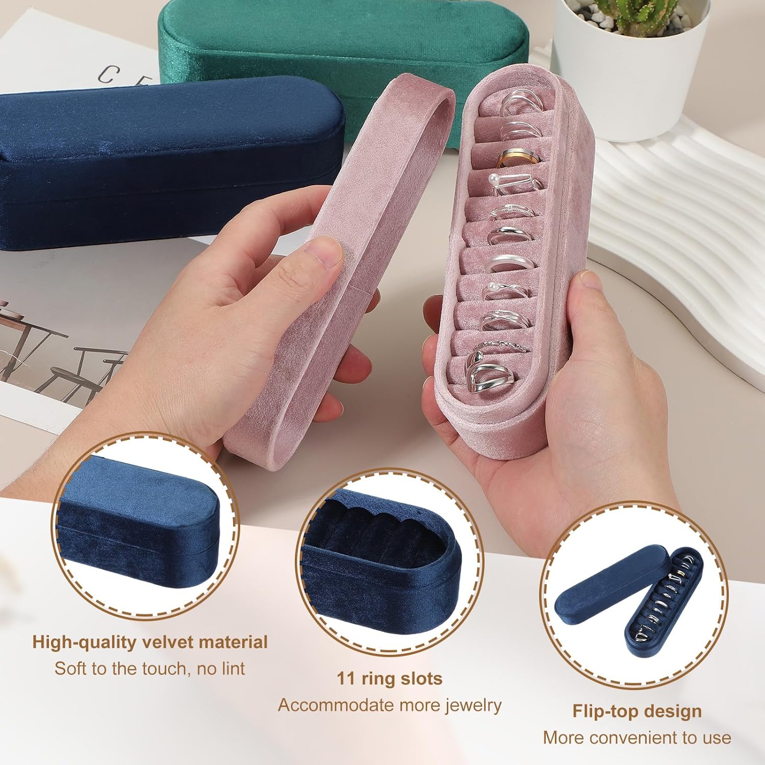 Velvet Ring Box, 11 Slots Travel Jewelry Case Ring Holder Organizer for Women Gift Proposal Christmas, Dark Blue - Image 3