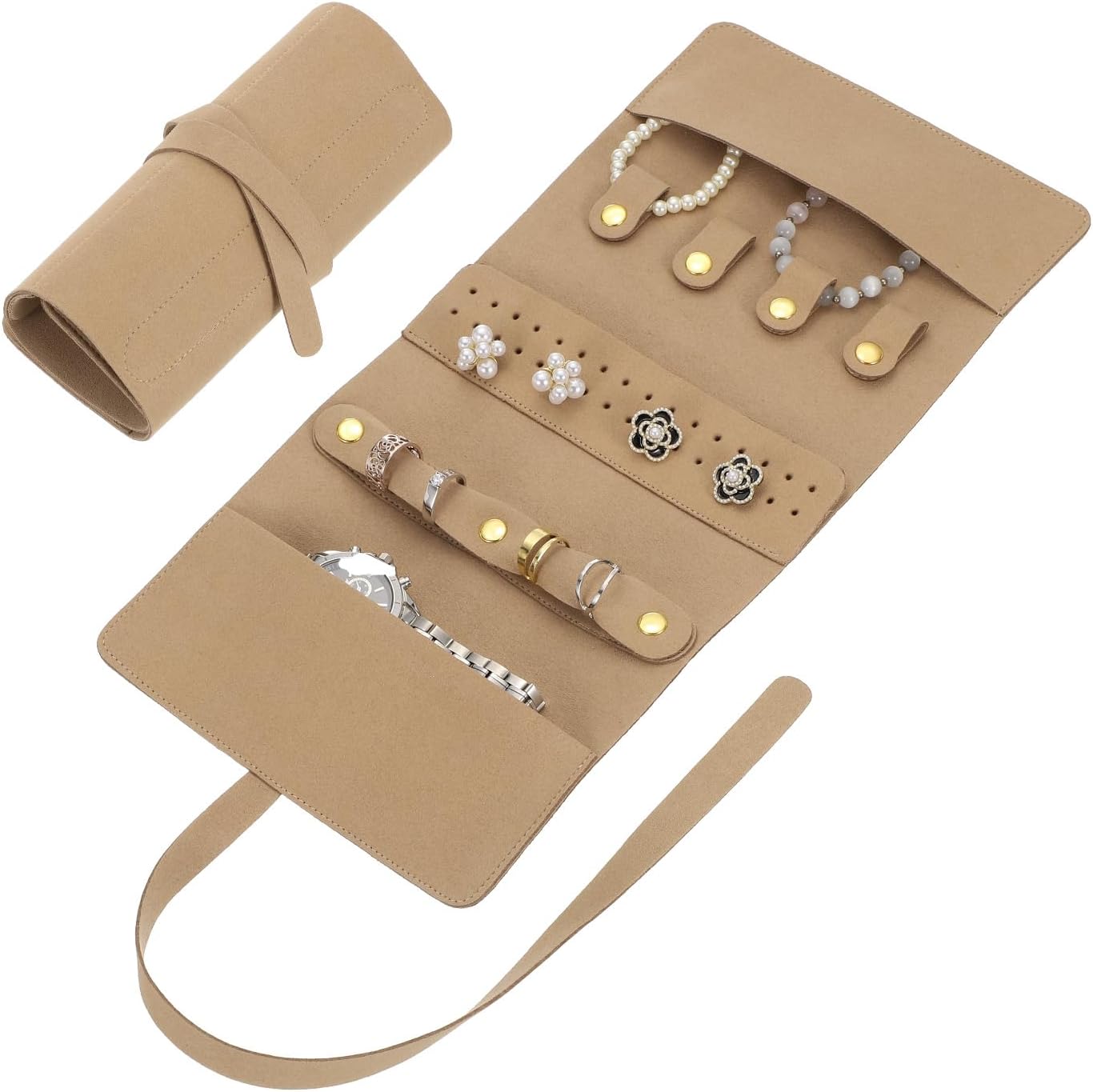Travel Jewelry Bag Roll, Foldable Jewelry Travel Organizer with Tie Close Microfiber Jewelry Storage Roll Jewelry Case for Women Gift Necklaces Earrings Rings Bracelets, Khaki - Image 1