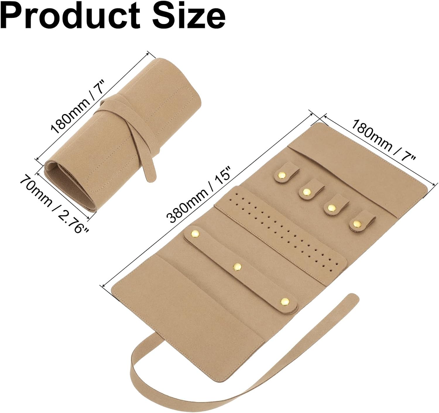 Travel Jewelry Bag Roll, Foldable Jewelry Travel Organizer with Tie Close Microfiber Jewelry Storage Roll Jewelry Case for Women Gift Necklaces Earrings Rings Bracelets, Khaki - Image 2