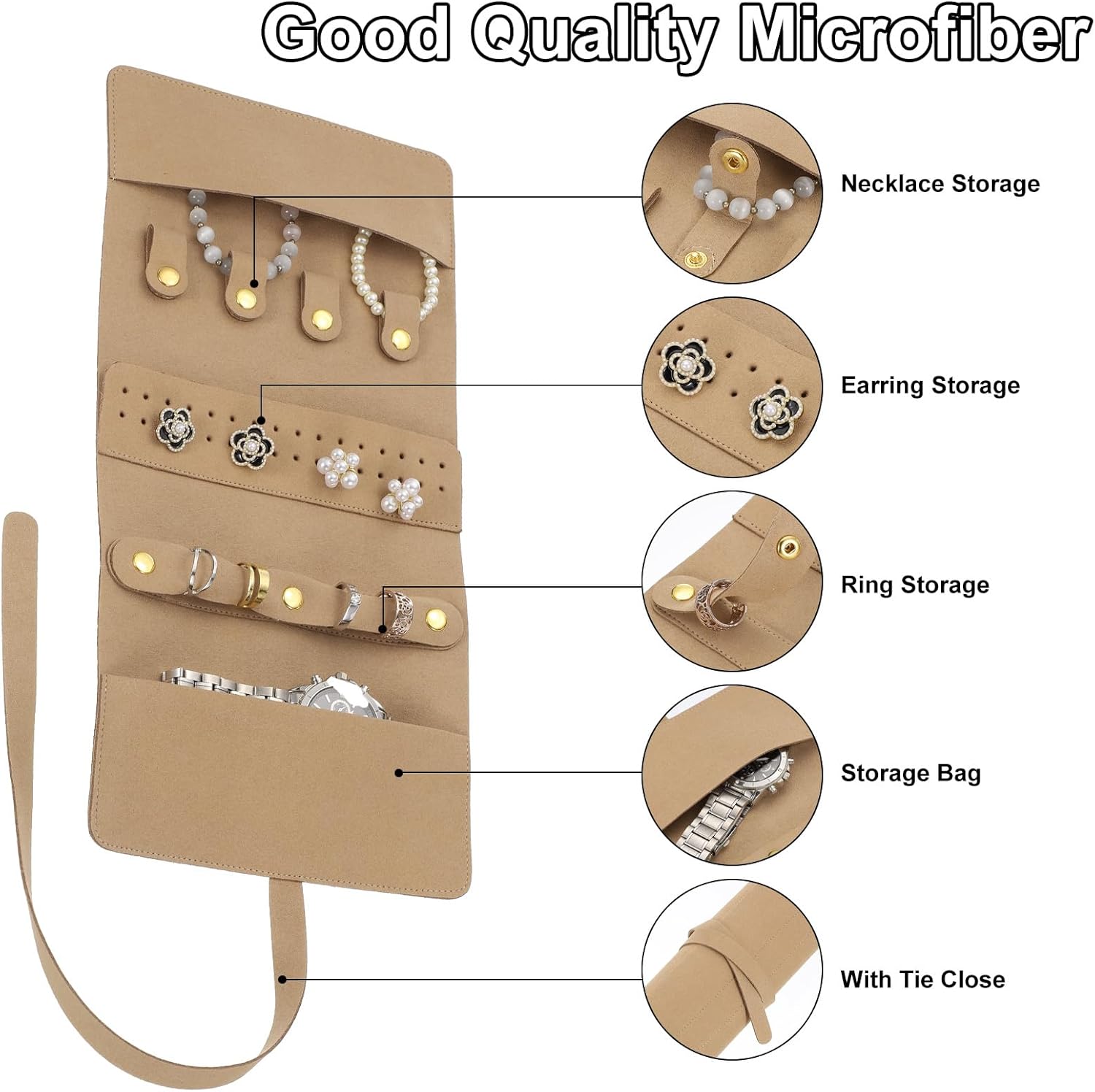 Travel Jewelry Bag Roll, Foldable Jewelry Travel Organizer with Tie Close Microfiber Jewelry Storage Roll Jewelry Case for Women Gift Necklaces Earrings Rings Bracelets, Khaki - Image 3