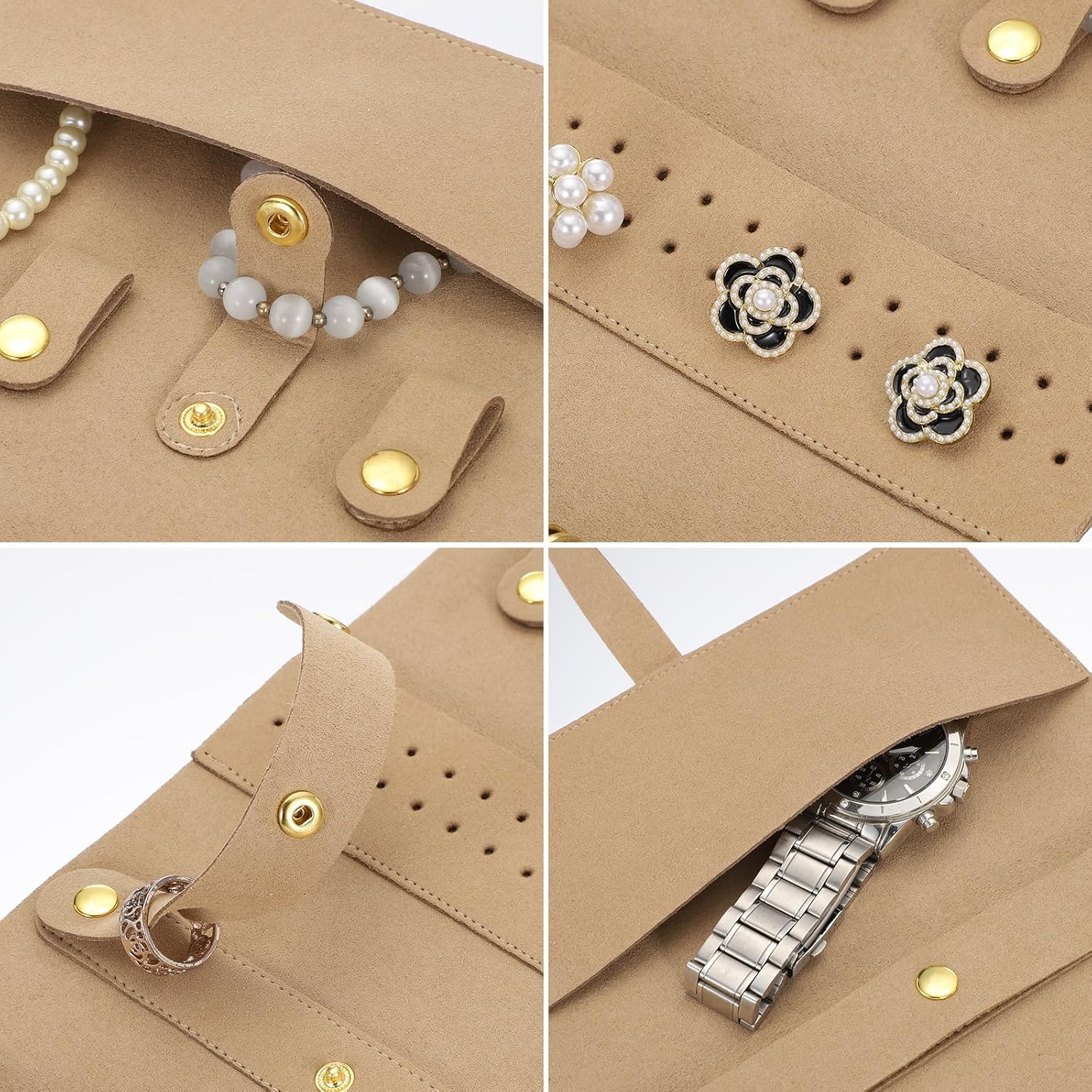 Travel Jewelry Bag Roll, Foldable Jewelry Travel Organizer with Tie Close Microfiber Jewelry Storage Roll Jewelry Case for Women Gift Necklaces Earrings Rings Bracelets, Khaki - Image 4