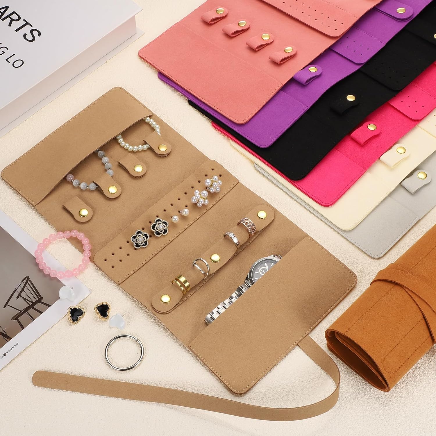 Travel Jewelry Bag Roll, Foldable Jewelry Travel Organizer with Tie Close Microfiber Jewelry Storage Roll Jewelry Case for Women Gift Necklaces Earrings Rings Bracelets, Khaki - Image 5