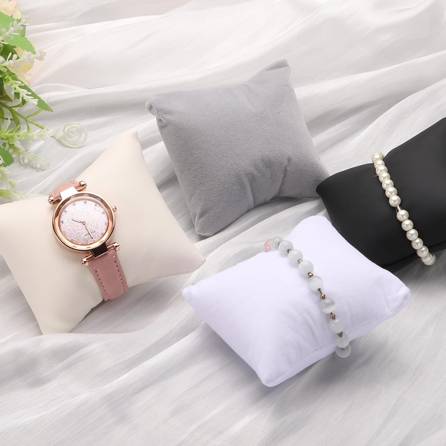6pcs Leather Watch Pillows, Jewelry Display Pillow for Bracelet, Watch, Anklet, Bangle, Dangle Earring and Necklace Pink - Image 6