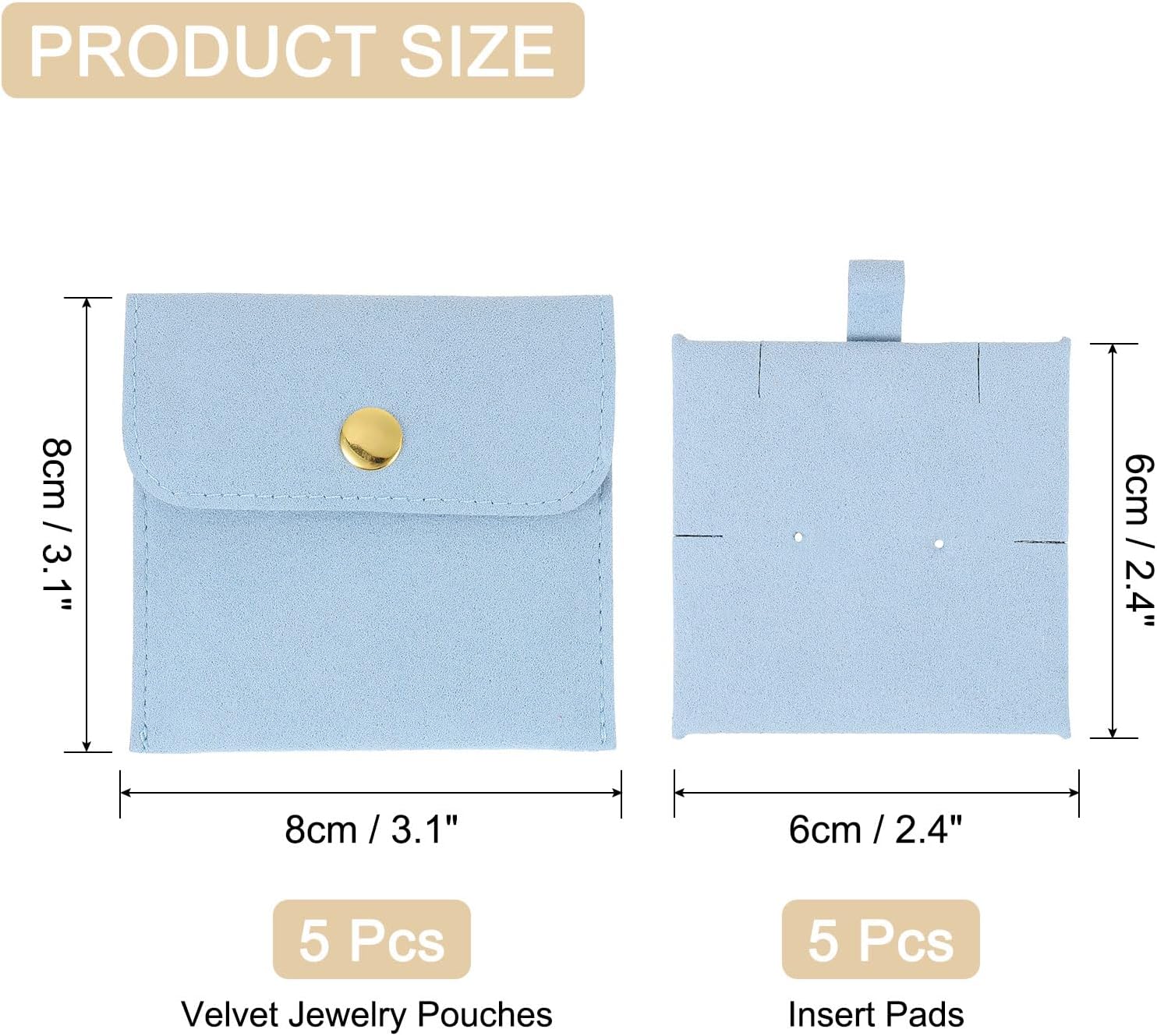 5 Pcs Microfiber Jewelry Pouches with Insert Pad, 8 x 8cm Snap Button Jewelry Velvet Gift Bags Organizer for Rings Necklace Bracelet, Light Blue - Image 2