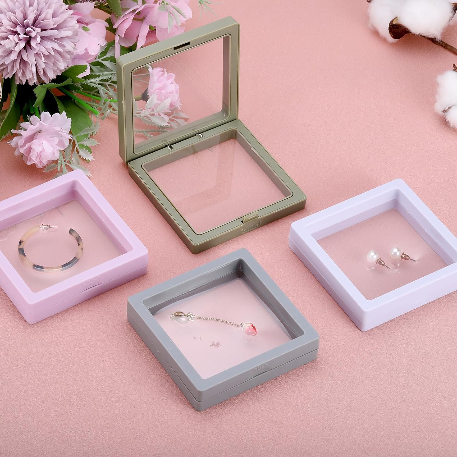 4 Pcs 3D Floating Display Case, 4.33 x 4.33 Inch Floating Frame Display Holder Stand, Transparent PE Jewelry Storage Box, White - Image 6