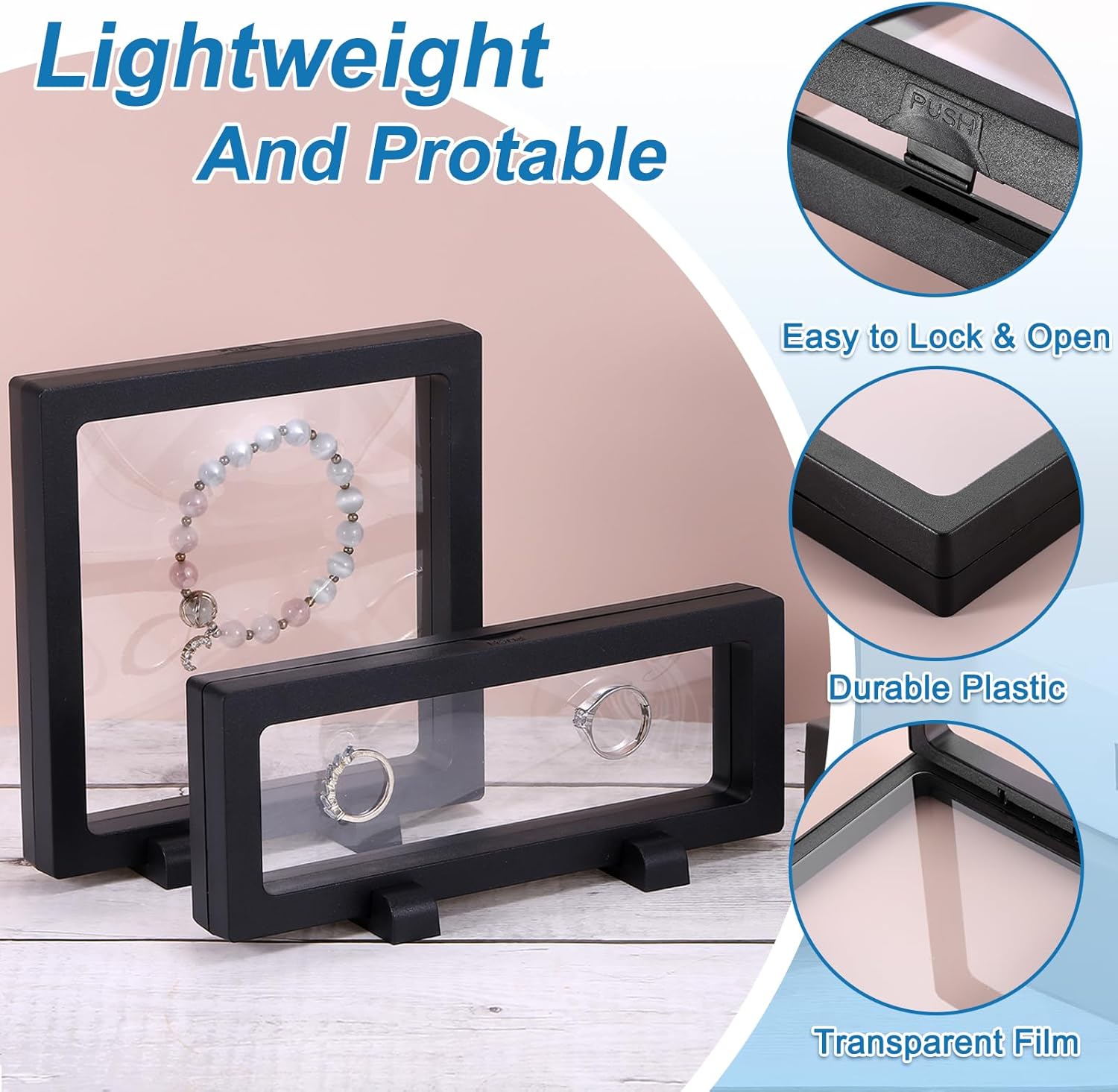 2 Pcs 3D Floating Display Case, 6.3 x 6.3 x 0.8 Inch Floating Frame Display Holder Stand, Transparent PE Jewelry Storage Box, Black - Image 3