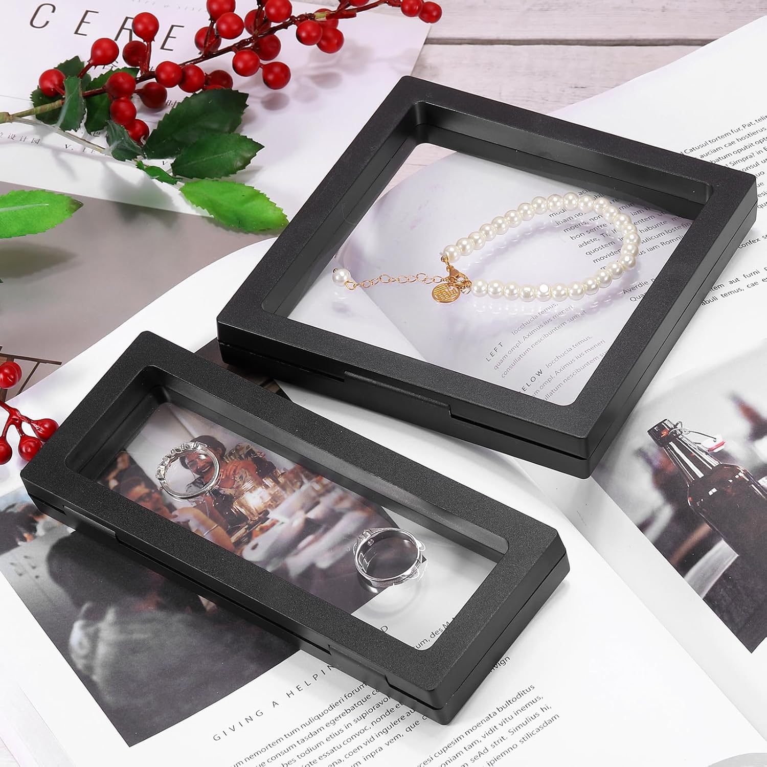 2 Pcs 3D Floating Display Case, 6.3 x 6.3 x 0.8 Inch Floating Frame Display Holder Stand, Transparent PE Jewelry Storage Box, Black - Image 4