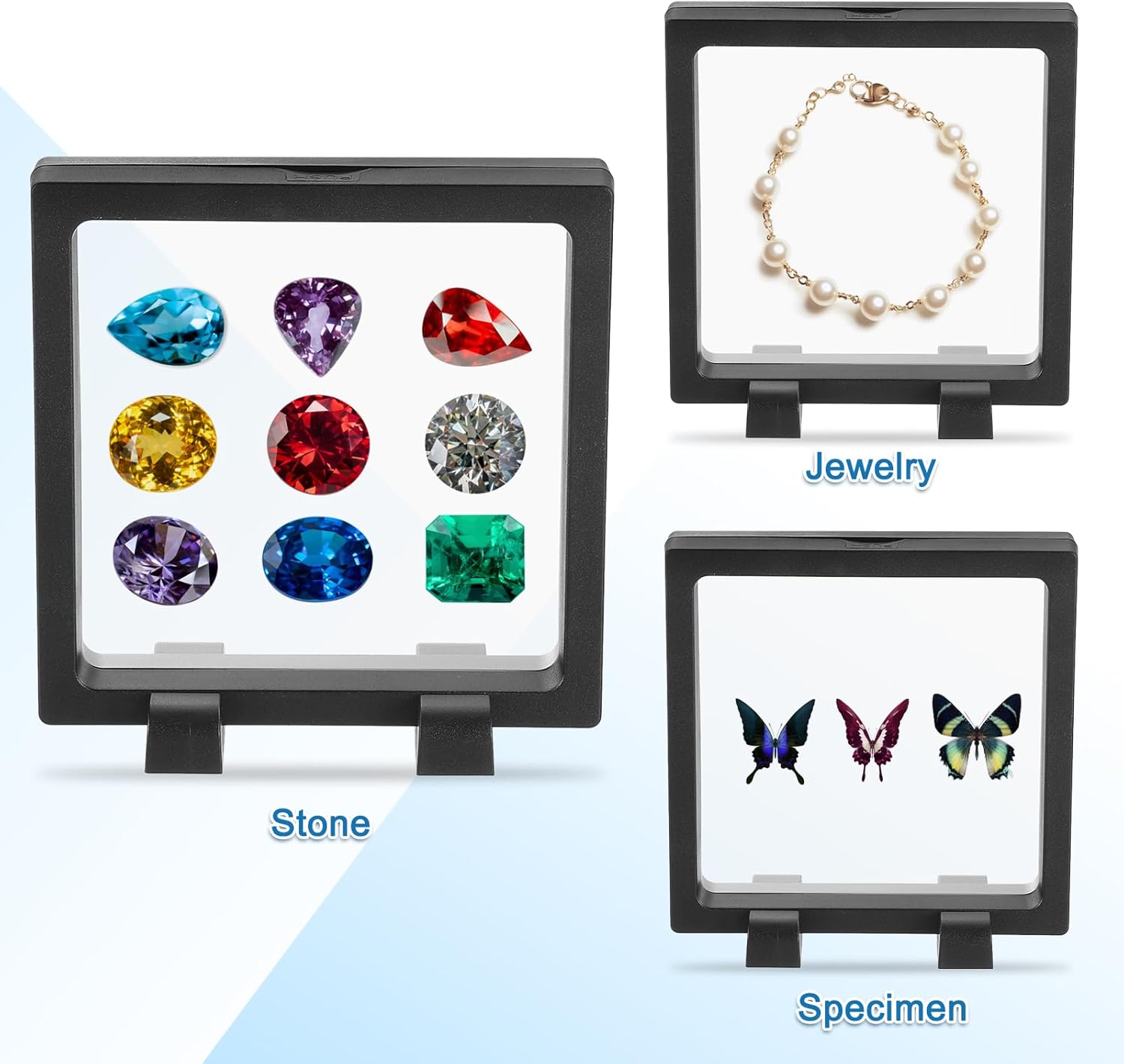 2 Pcs 3D Floating Display Case, 6.3 x 6.3 x 0.8 Inch Floating Frame Display Holder Stand, Transparent PE Jewelry Storage Box, Black - Image 5