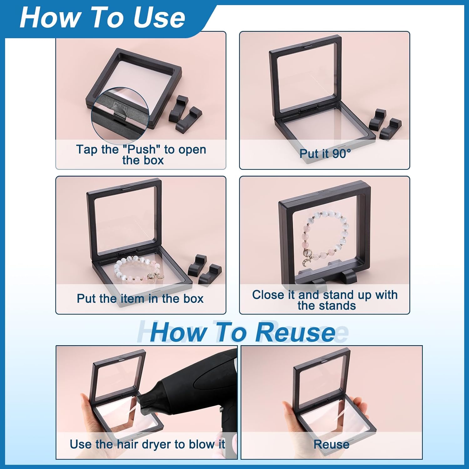2 Pcs 3D Floating Display Case, 6.3 x 6.3 x 0.8 Inch Floating Frame Display Holder Stand, Transparent PE Jewelry Storage Box, Black - Image 6
