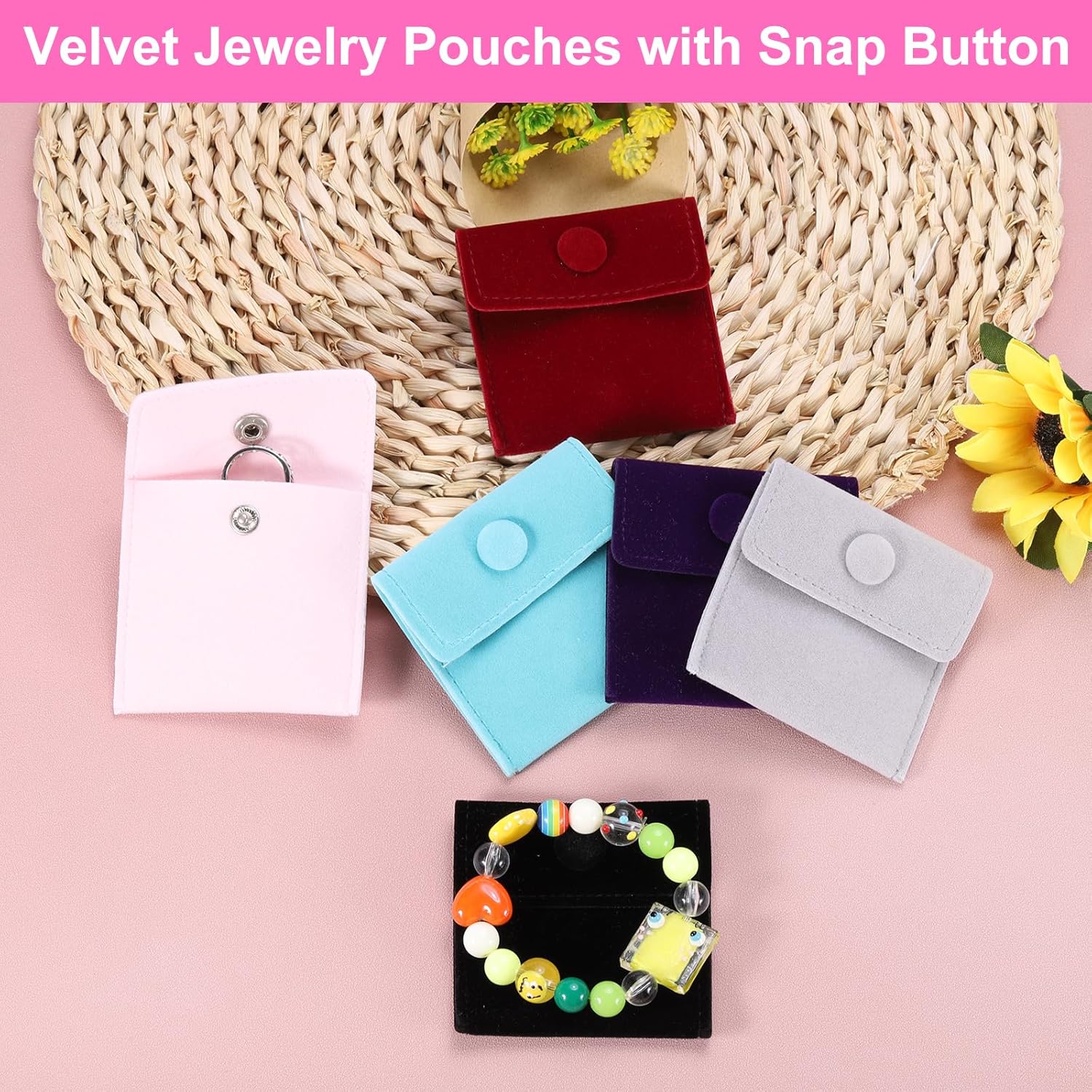 12 Pcs Velvet Jewelry Pouches with Snap Button 2.8x2.8 Inches,Soft Jewelry Pouches Storage Bags Small Velvet Gift Bags with 10 Divider Fit for Rings Necklace Bracelet, Pink - Image 4