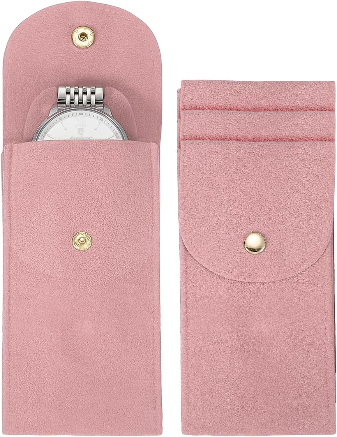 4 Pcs Velvet Watch Pouch, 5.1 x 2.8 Inch Portable Travel Case Jewelry Storage Bag Single Watch Storage Pouch for Men and Women with Snap Button for Travel Home, Pink - Image 1