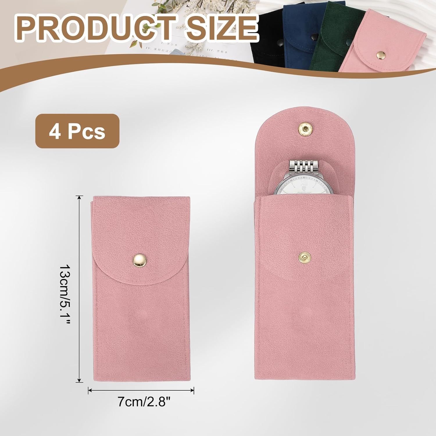 4 Pcs Velvet Watch Pouch, 5.1 x 2.8 Inch Portable Travel Case Jewelry Storage Bag Single Watch Storage Pouch for Men and Women with Snap Button for Travel Home, Pink - Image 2