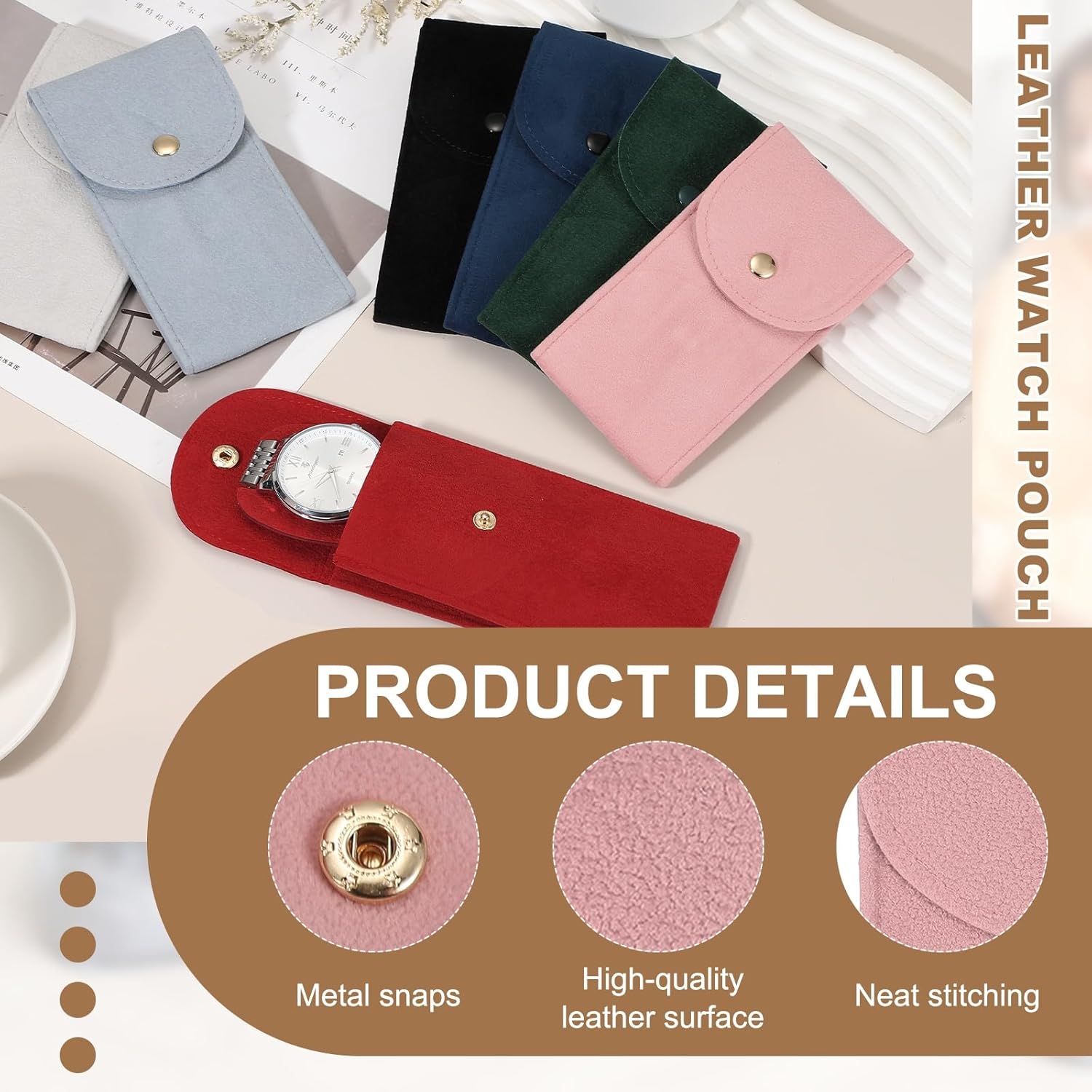 4 Pcs Velvet Watch Pouch, 5.1 x 2.8 Inch Portable Travel Case Jewelry Storage Bag Single Watch Storage Pouch for Men and Women with Snap Button for Travel Home, Pink - Image 3
