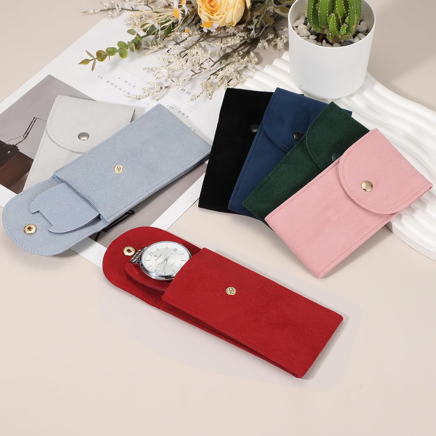4 Pcs Velvet Watch Pouch, 5.1 x 2.8 Inch Portable Travel Case Jewelry Storage Bag Single Watch Storage Pouch for Men and Women with Snap Button for Travel Home, Pink - Image 4