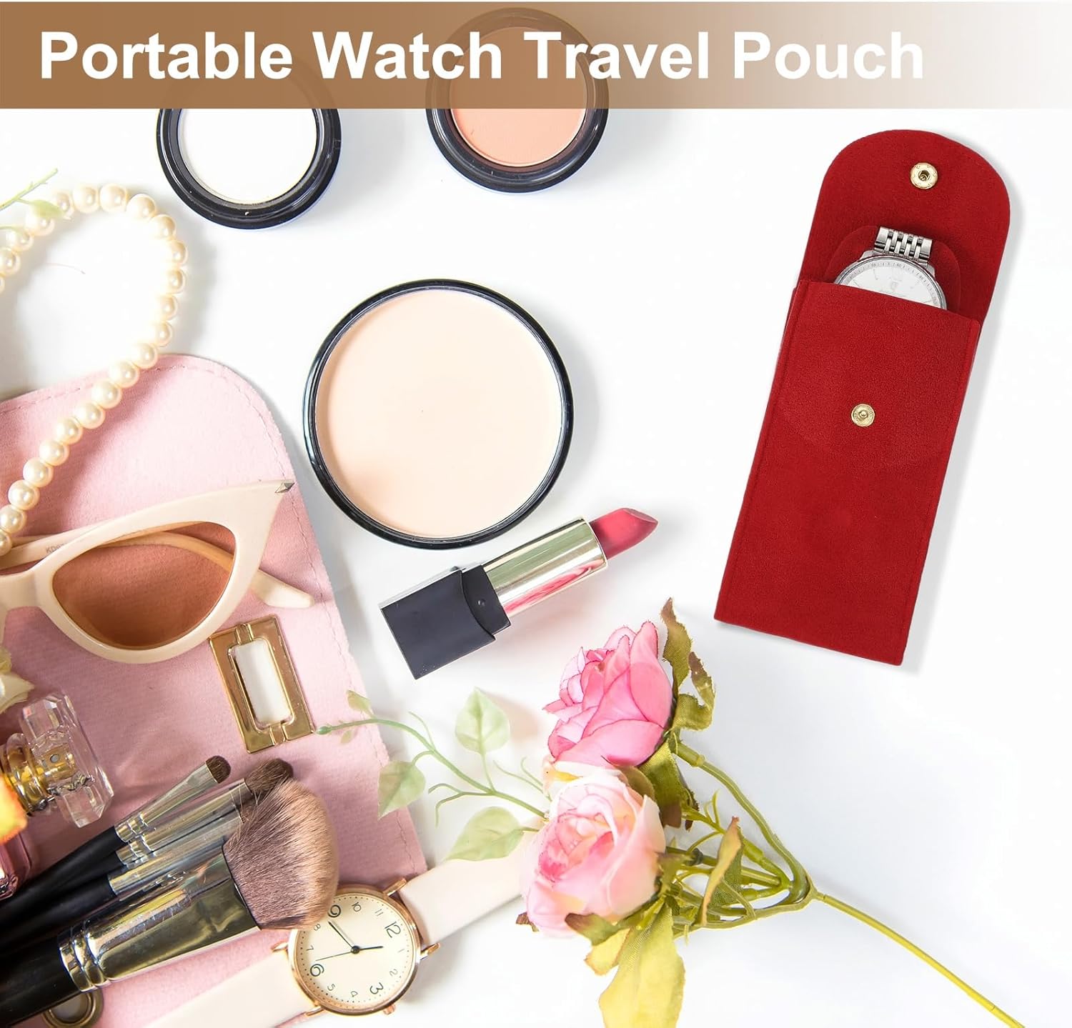 4 Pcs Velvet Watch Pouch, 5.1 x 2.8 Inch Portable Travel Case Jewelry Storage Bag Single Watch Storage Pouch for Men and Women with Snap Button for Travel Home, Pink - Image 6