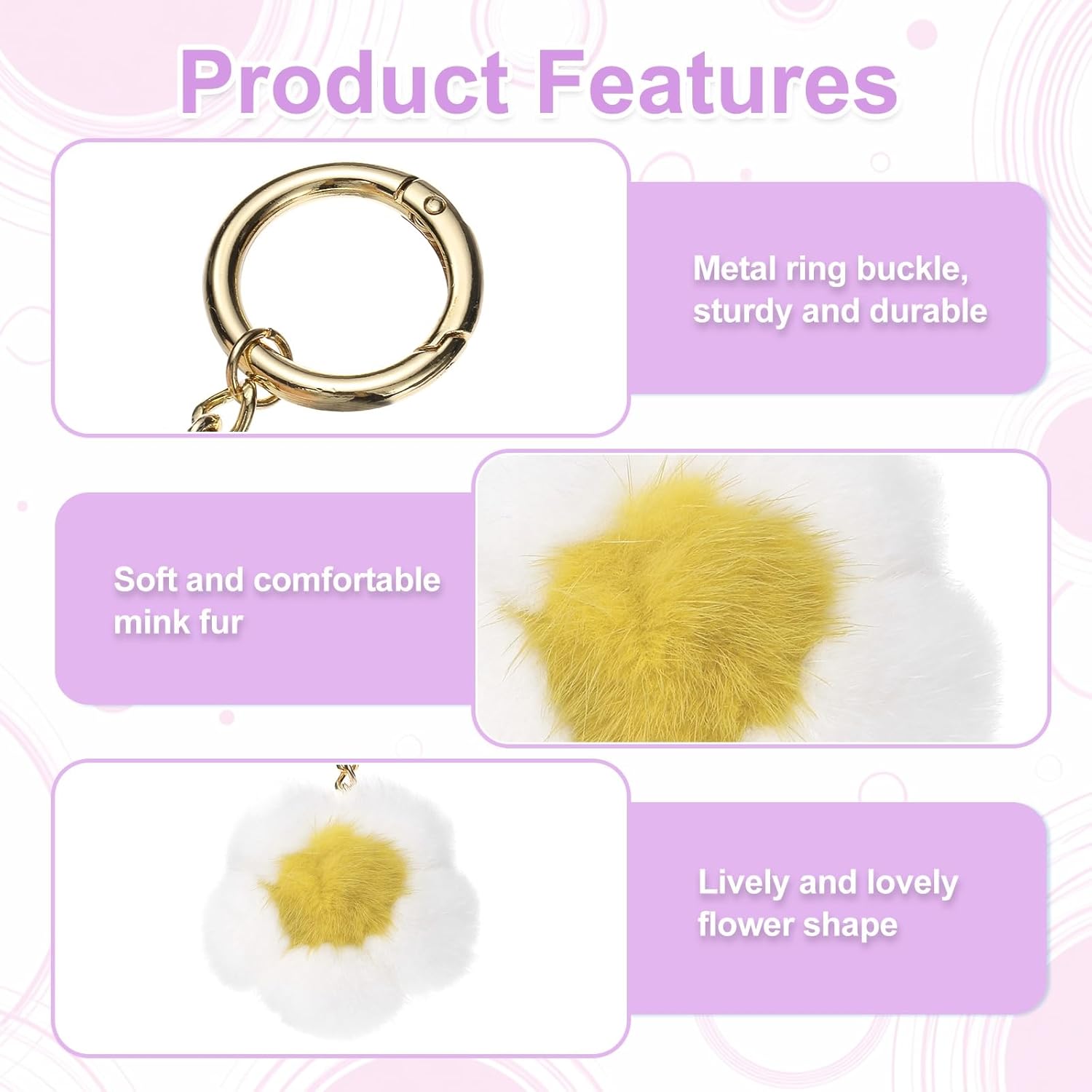 Flower Plush Keychain, Mink Fur Pom Flower Shape Purse Charm, Rex Floral Petal Pendant - Image 3