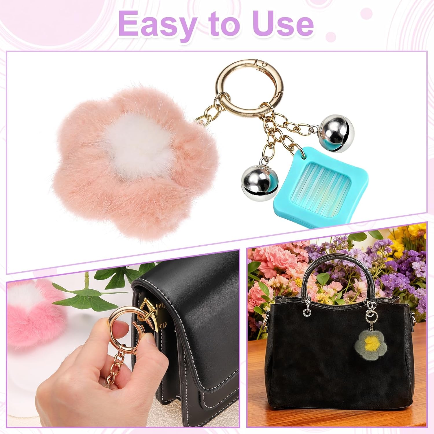 Flower Plush Keychain, Mink Fur Pom Flower Shape Purse Charm, Rex Floral Petal Pendant - Image 4