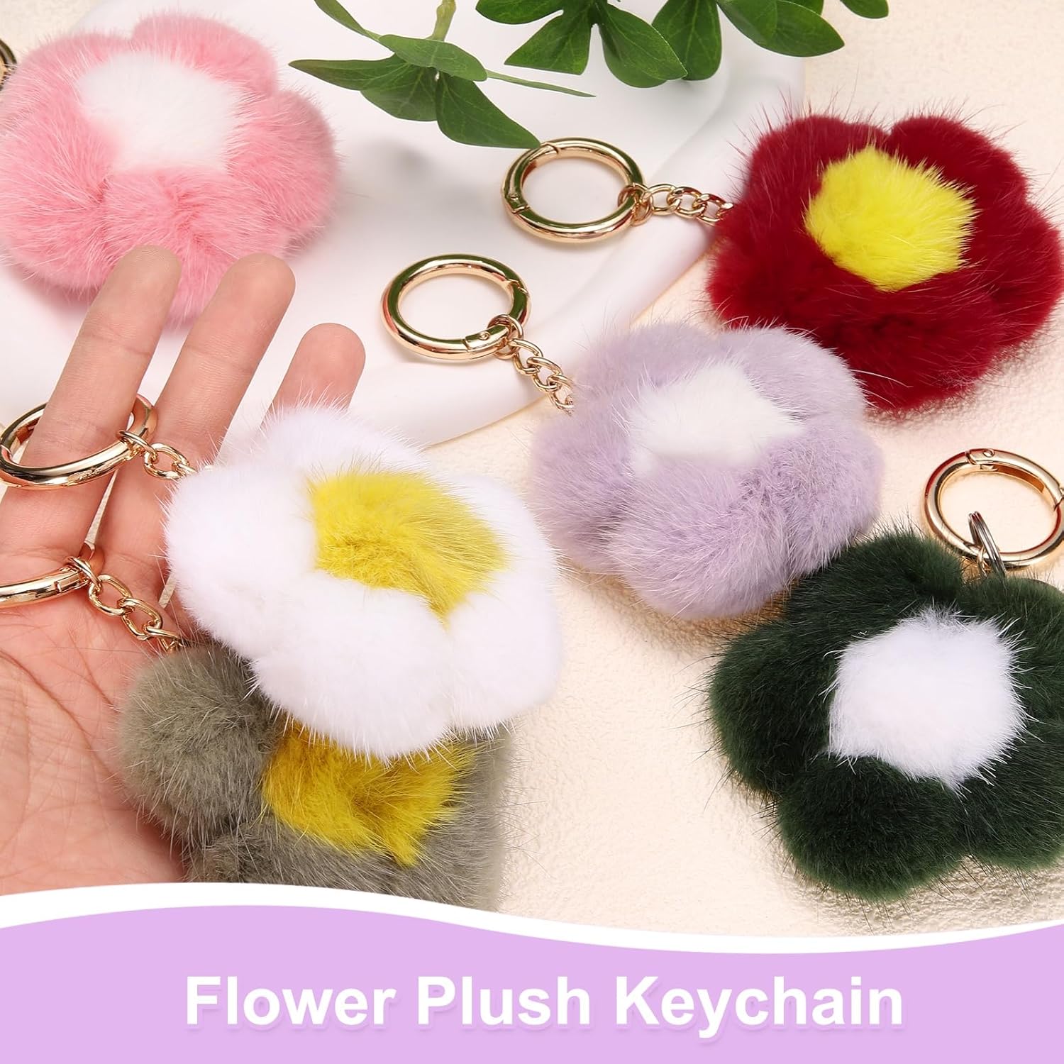 Flower Plush Keychain, Mink Fur Pom Flower Shape Purse Charm, Rex Floral Petal Pendant - Image 5