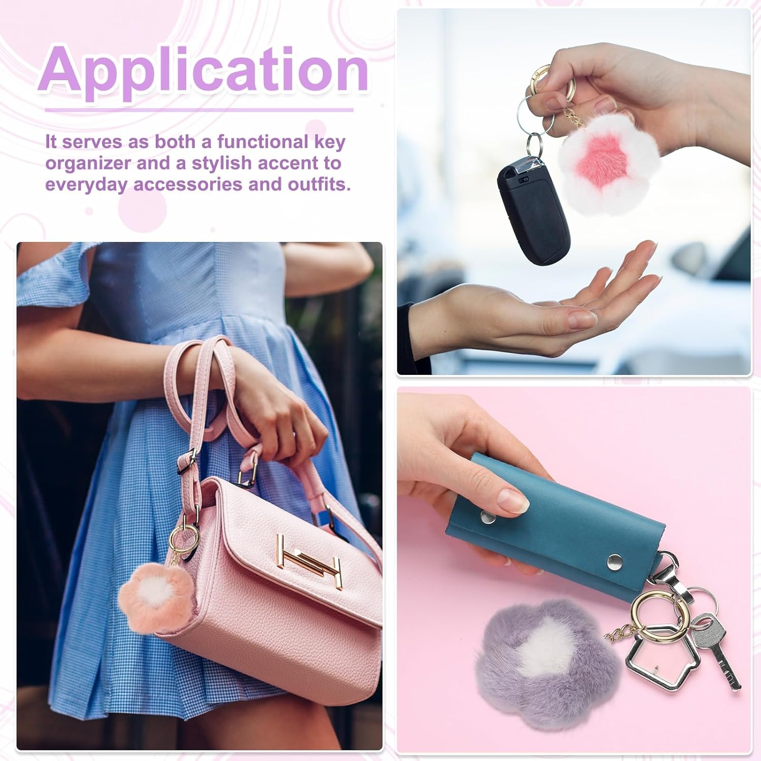 Flower Plush Keychain, Mink Fur Pom Flower Shape Purse Charm, Rex Floral Petal Pendant - Image 6