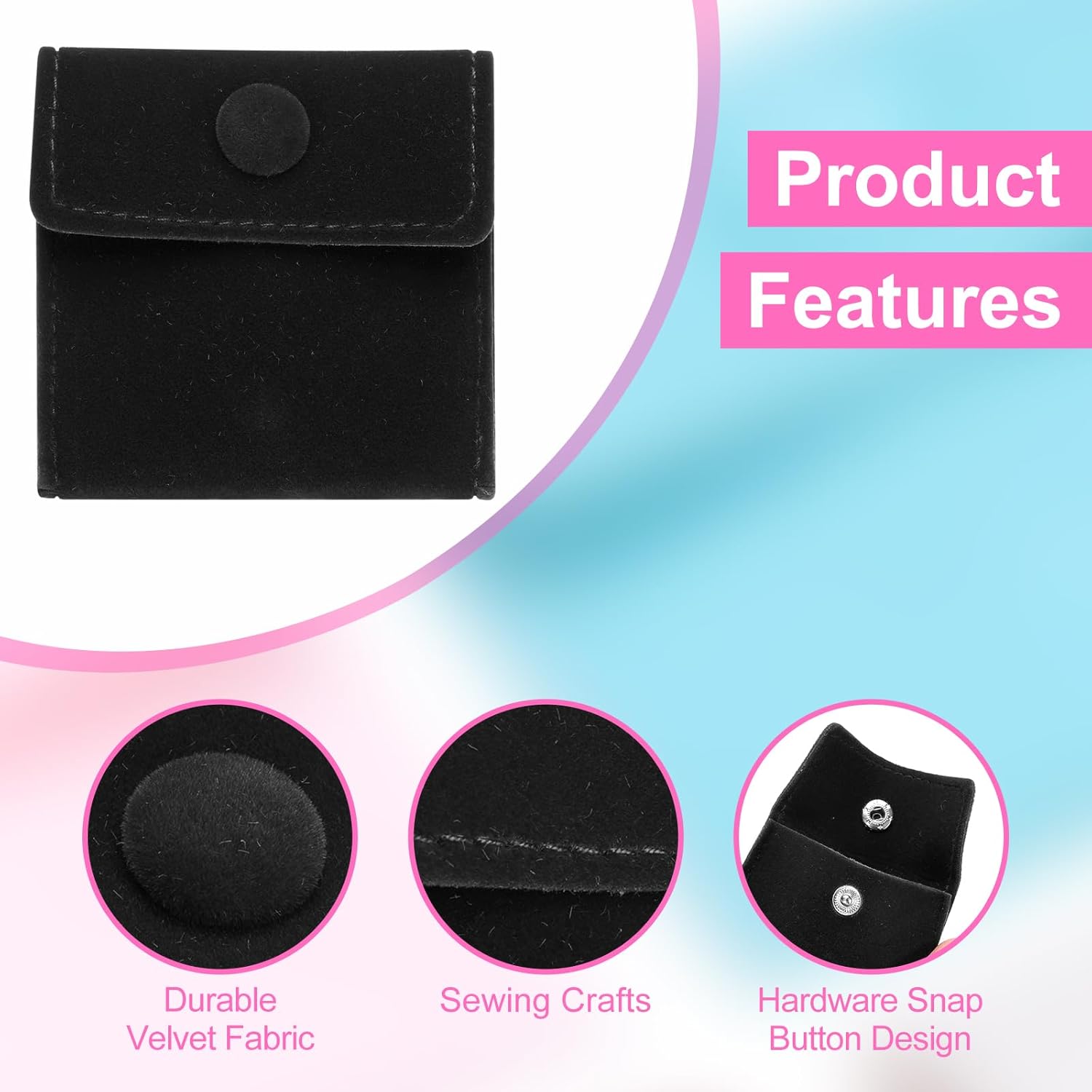 20 Pcs Velvet Jewelry Pouches with Snap Button 2.8x2.8 Inches, Soft Jewelry Pouches Storage Bags Small Velvet Gift Bags for Rings Necklace Bracelet Earring Watch, Black - Image 3