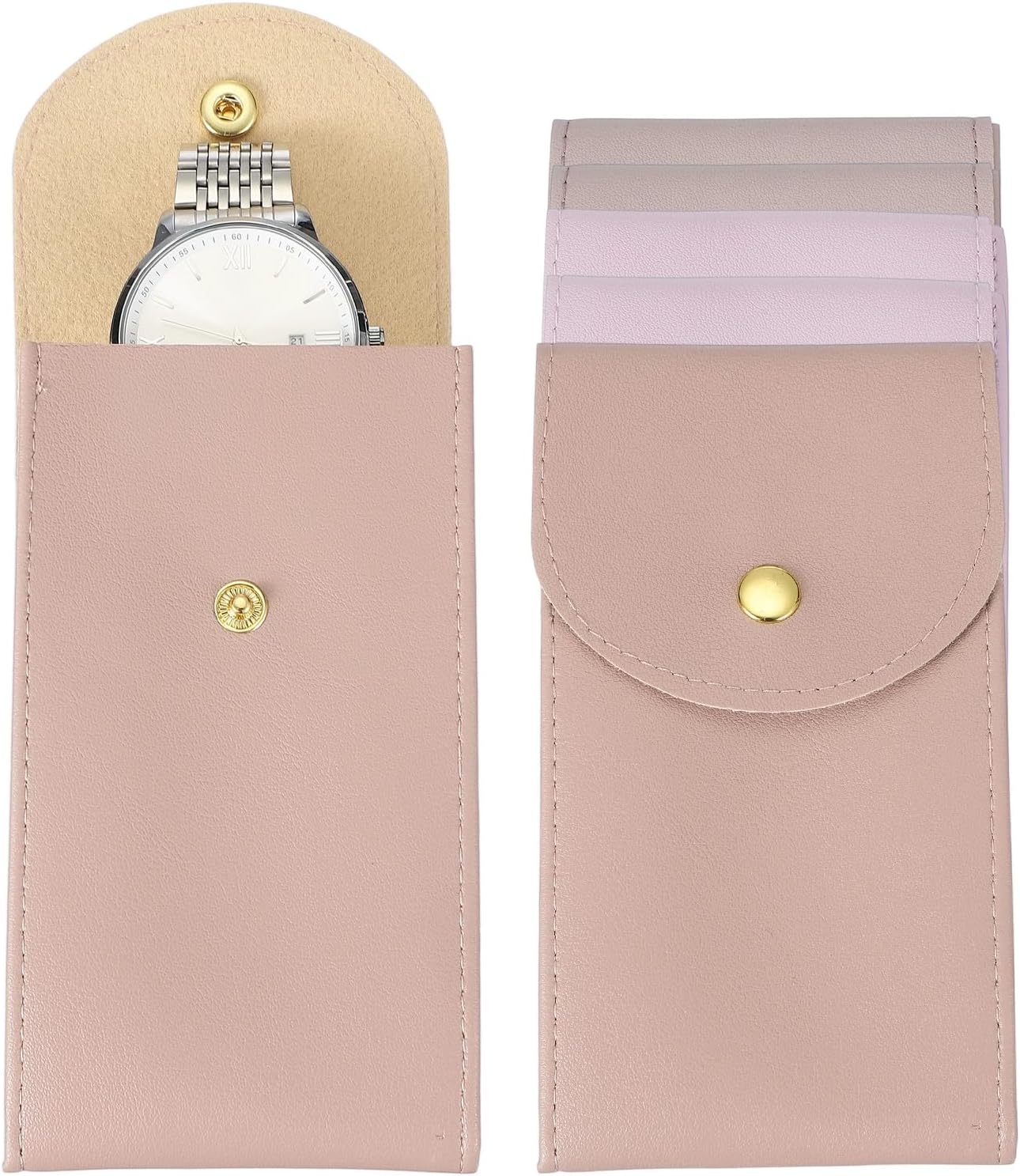 6 Pcs Leather Watch Pouch, 5.1 x 2.8 Portable Travel Case Jewelry Storage Bag for Travel, Single Watch Storage Pouch for Men and Women with Snap Button, Dark Pink/Pink/Purple - Image 1
