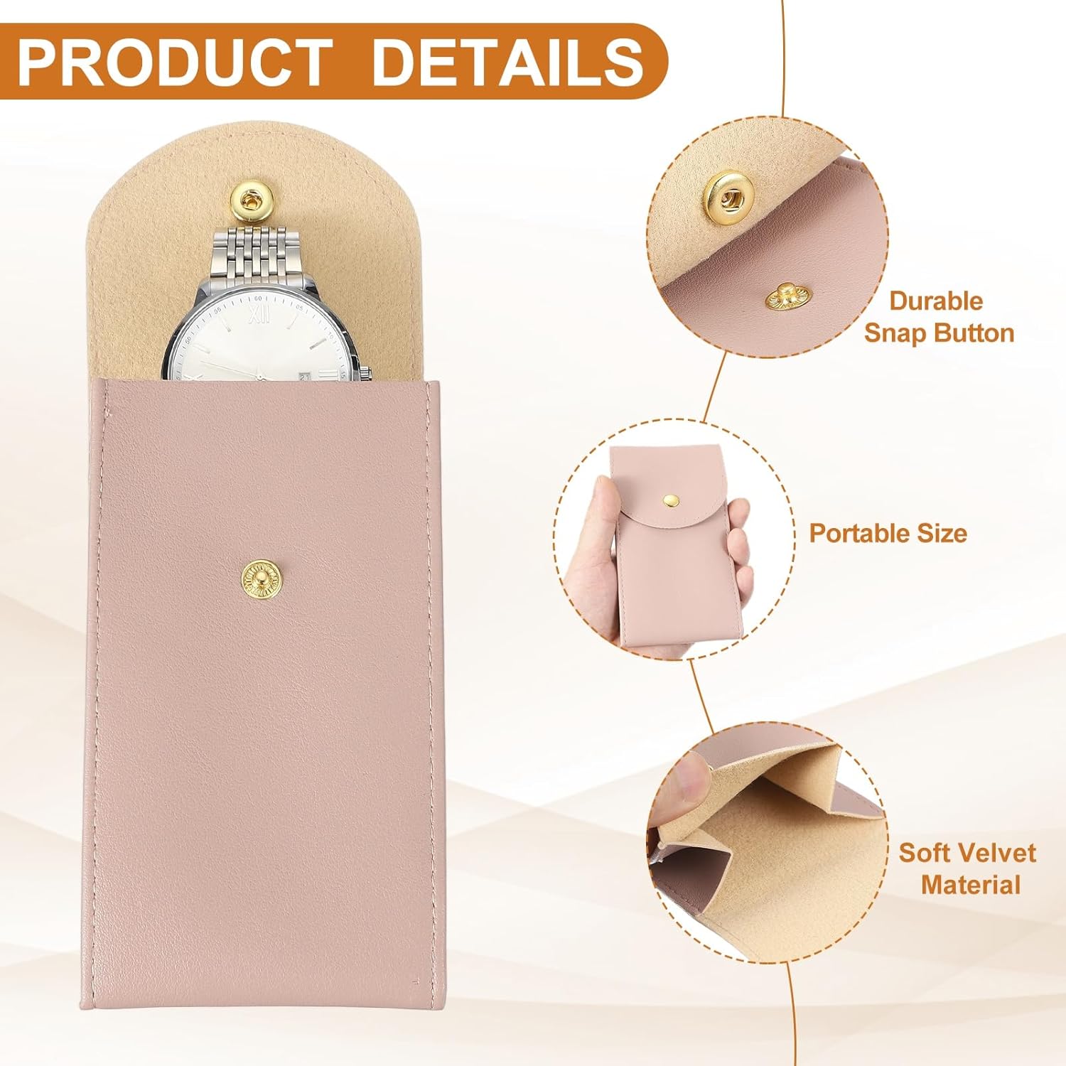 6 Pcs Leather Watch Pouch, 5.1 x 2.8 Portable Travel Case Jewelry Storage Bag for Travel, Single Watch Storage Pouch for Men and Women with Snap Button, Dark Pink/Pink/Purple - Image 3